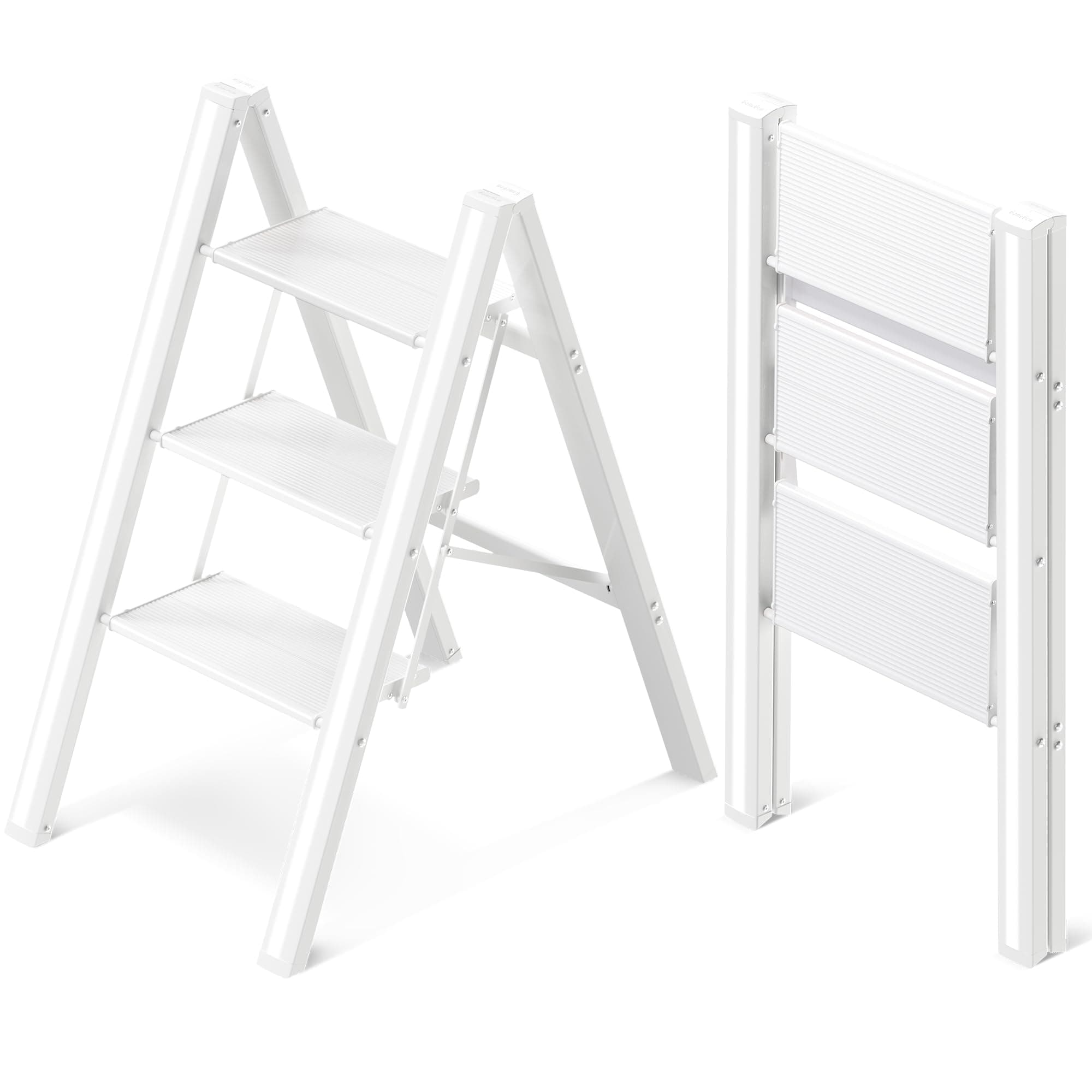 3 Step Ladder, Aluminum Folding Step Stool with Anti-Slip Sturdy and Wide Pedal, Lightweight Portable Stepladder for Home and Kitchen Use Space Saving, Cream White, 330 lbs