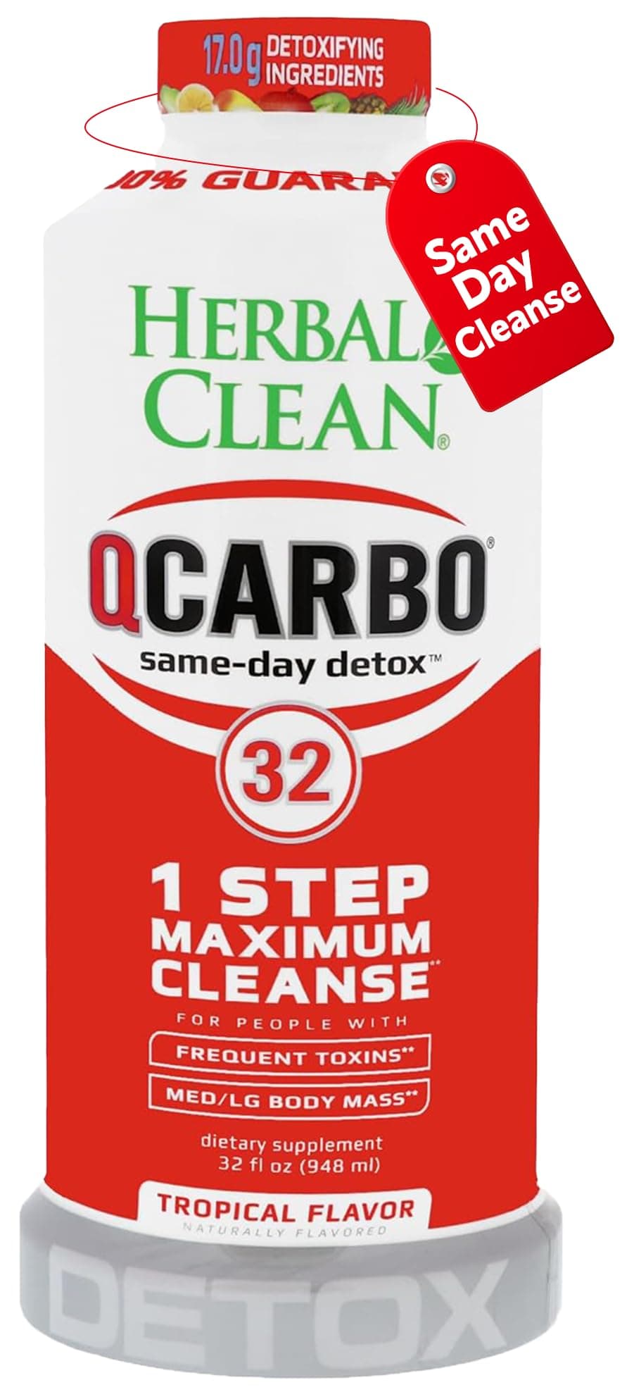 Herbal Clean Qcarbo32 Same-Day Detox Cleanse Drink (32 fl oz) - Tropical Flavor Full Body Cleanse* Detox Drink for Moderate Toxin Level*, Vitamin B2 and Vitamin B12 for Men & Women