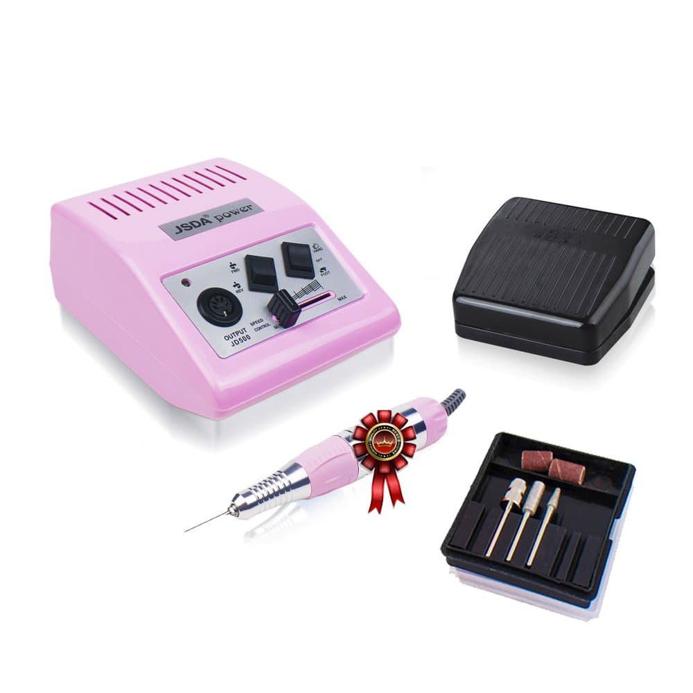 JSDA Electric Nail Drill JD 500 with foot pedal - Color pink -JSDA Professional Studio Nail Drill for manicure and pedicure 30000 rpm
