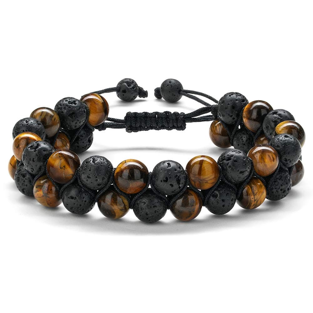Mens Bracelet Beads Healing Adjustable - 8mm Natural Yellow Tiger Eye Beaded Bracelet Adjustable Black Lava Rock Stone Essential Oil Anxiety Stress Aromatherapy Bracelets Jewelry Gifts for Men
