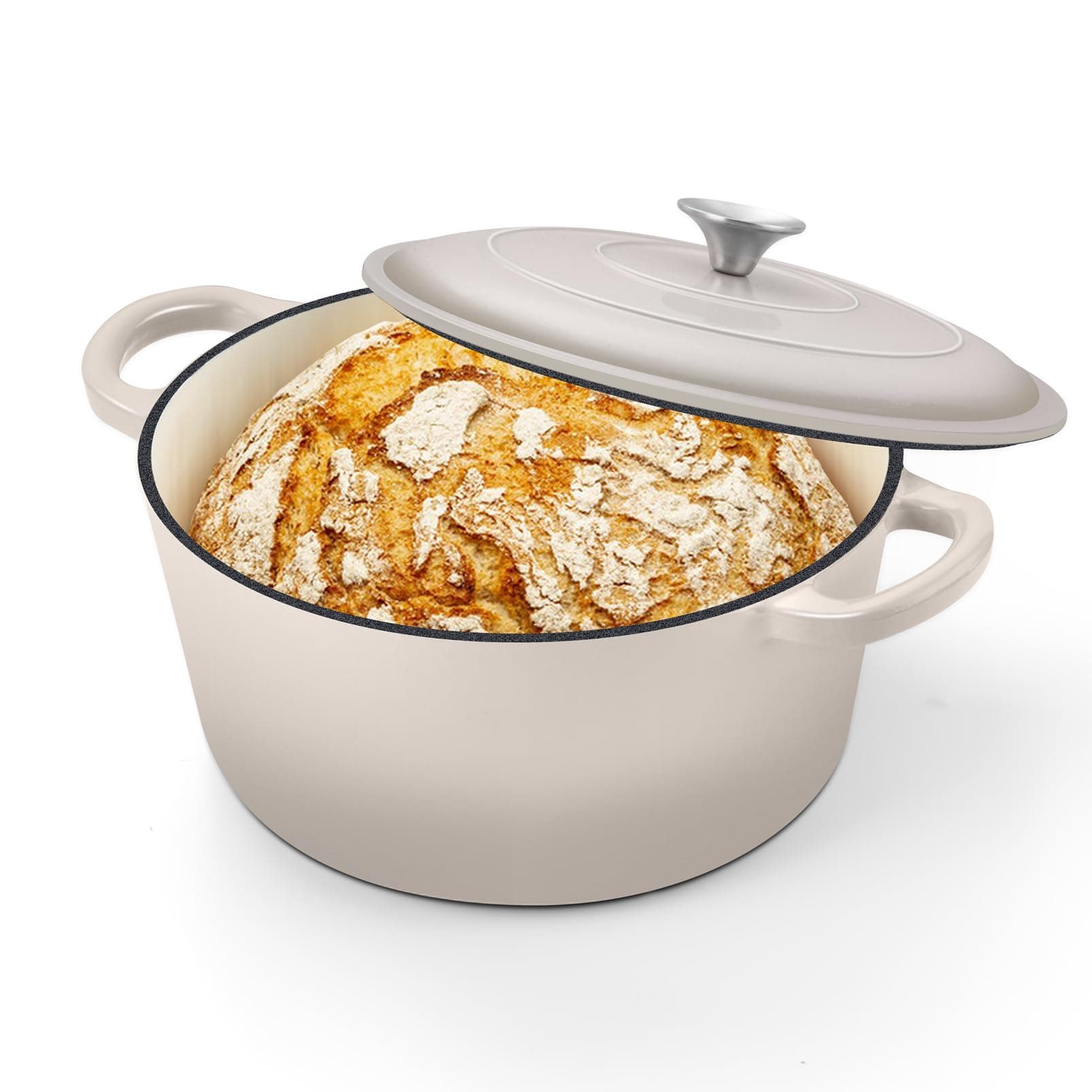 TeamFar 5QT 鋳鉄ラウンドエナメルダッチオーブン 大きなノブ付き、カーキ