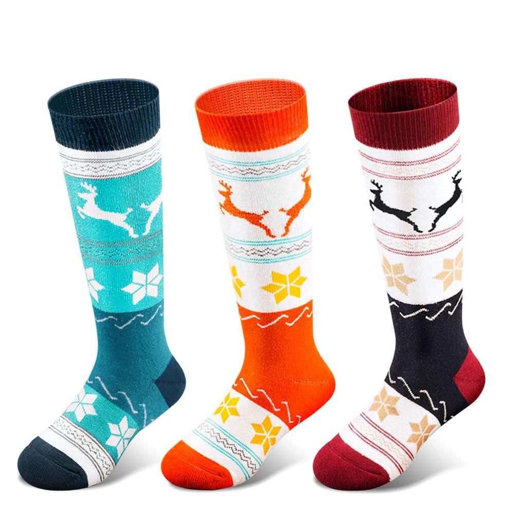 CimkizKids Ski Socks (2 Pairs/3 Pairs) for Boys Girls Thick Warm for Winter Snow Skiing Snowboard Sports (3 Packs (Orange+ Wine Red + Green), S)
