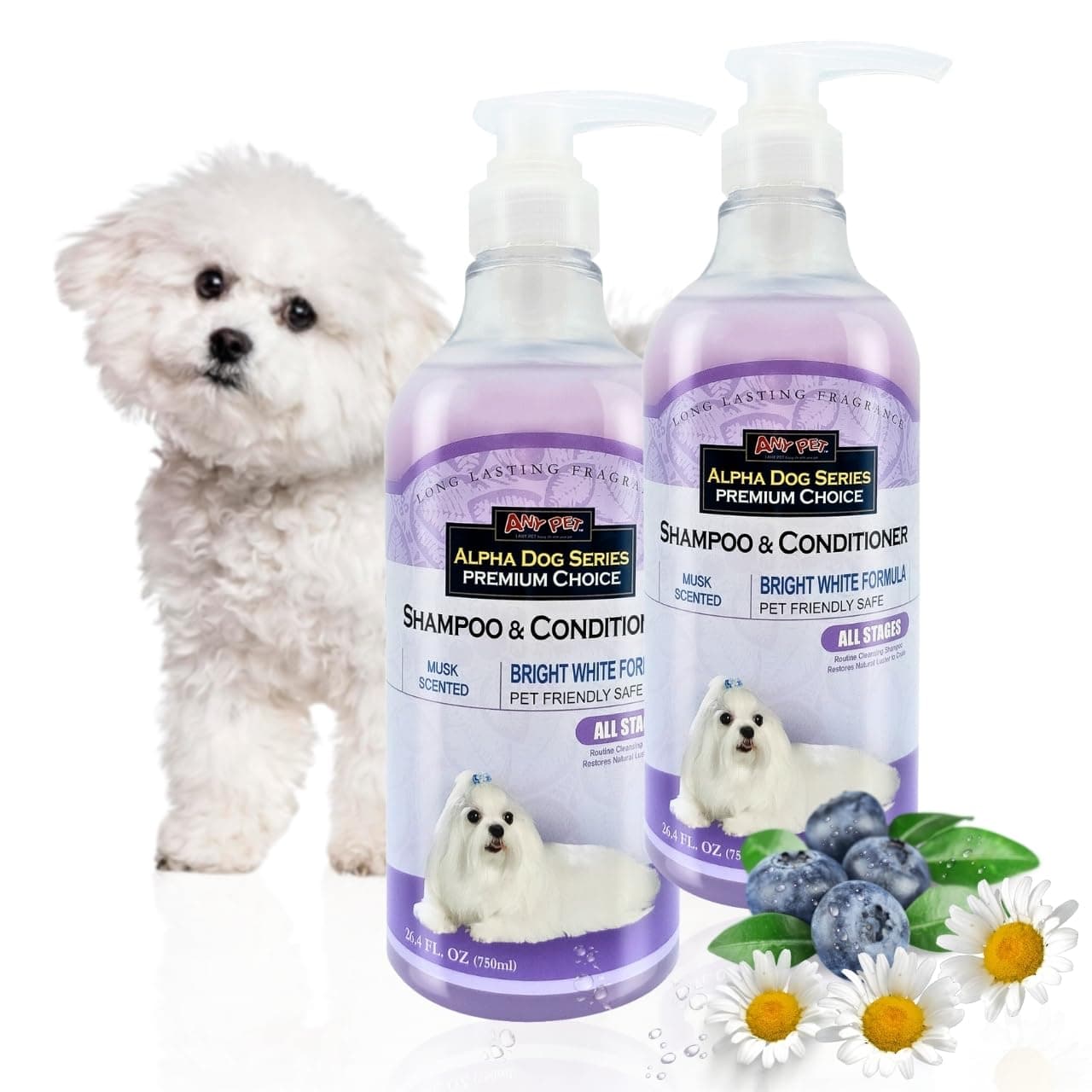 Bright White Natural Whitening Dog Shampoo and Conditioner for Dogs with Aloe Vera, pH Balanced Dog Shampoo and Conditioner Set, Tear-Free for Sensitive Skin 26.4 Oz (Pack of 2)