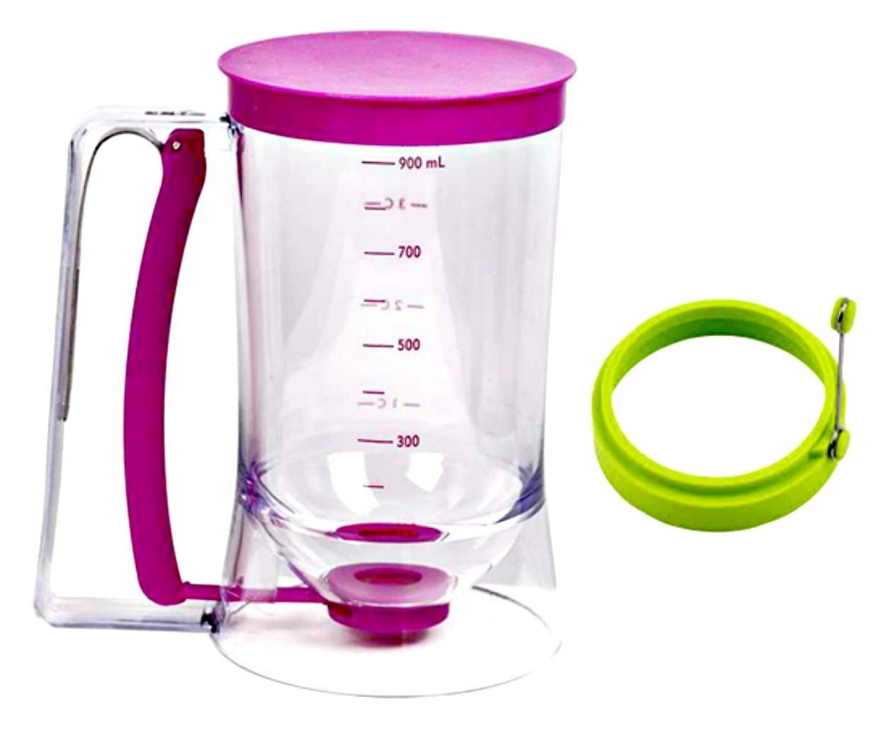 Zensson Pancake Batter Dispenser - 4 Cup Bundled with 1 Green Premium Silicone Egg Ring/Pancake Mold.