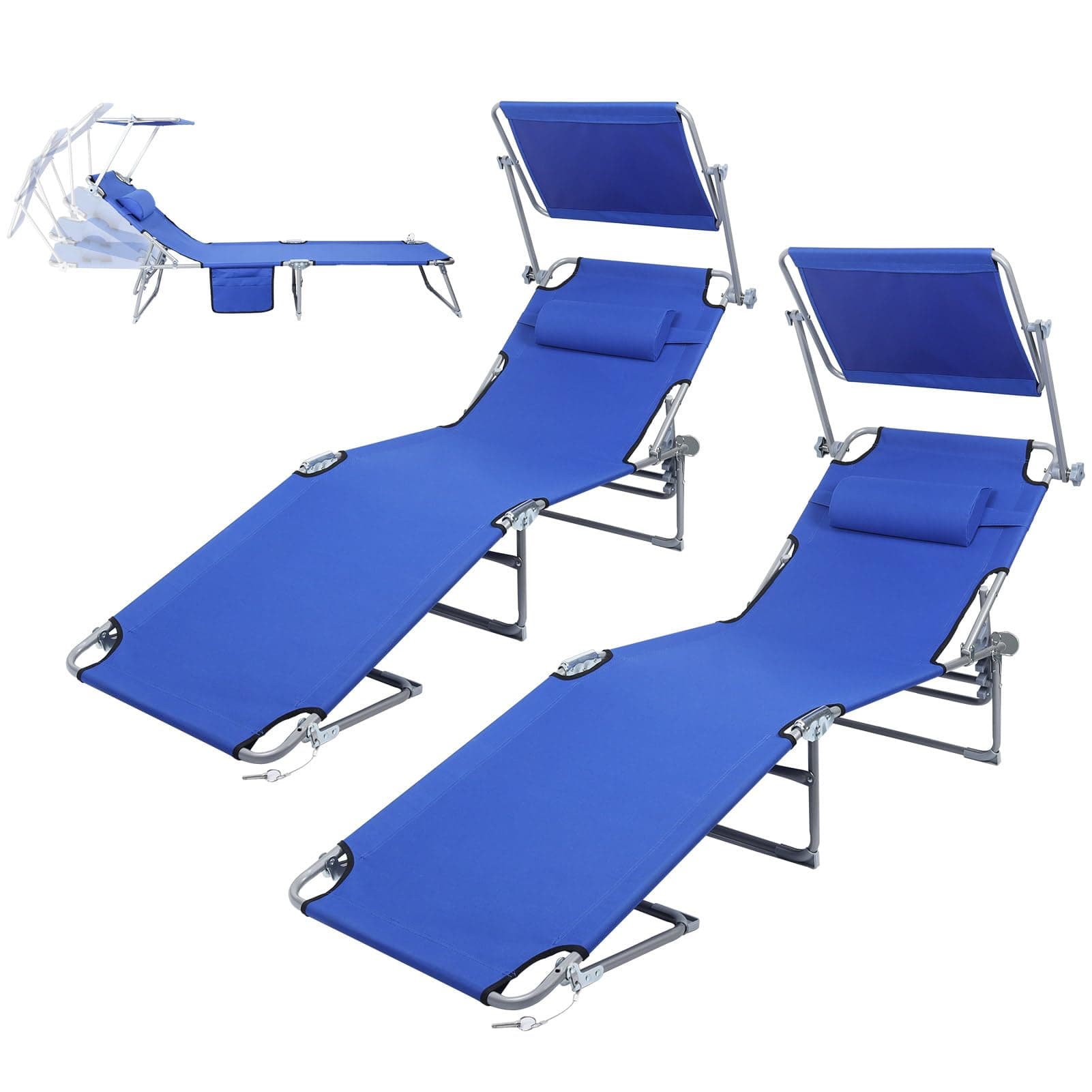Beach Lounge Chairs 2PCS, Outdoor Folding Chaise Lounge Chairs with 4-Position, 360° Rotatable Canopy Shade, Pocket&Pillow, Portable Beach Lounger Tanning Chairs for Beach Pool Yard Patio