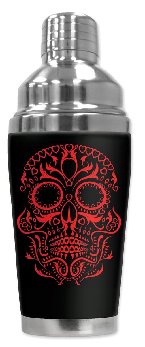 Mugzie "Red Sugar Skull" Cocktail Shaker with Insulated Wetsuit Cover, 16 oz, Black