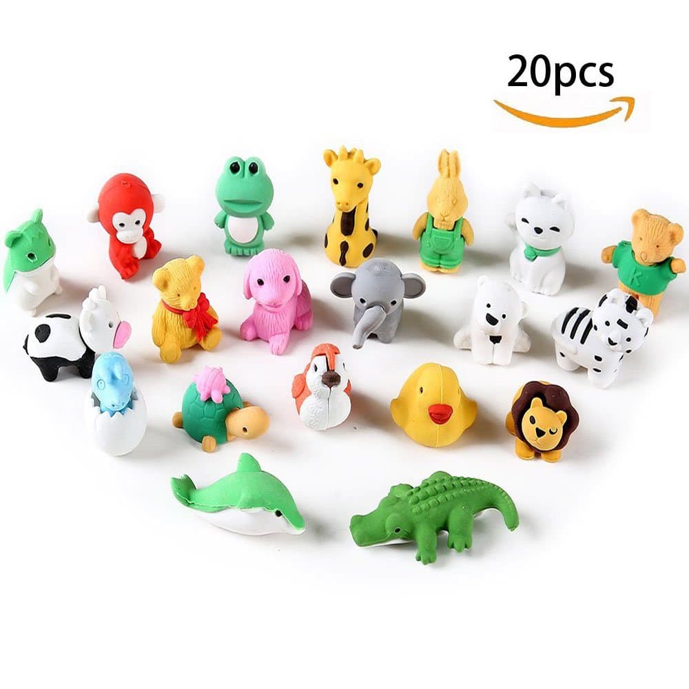 MoloTAR 20 Animal Collectible Set of Random Adorable Novelty Erasers - Amazing Variety with No Duplicates - FUN Toys Best for Party Favors