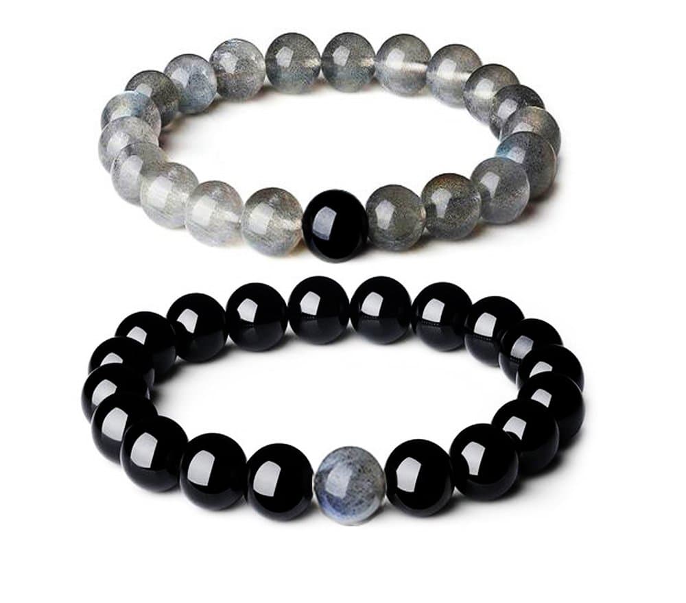 Distance Couple Bracelets Relationship Bracelet for Love Infinity Labradorite and Black Agate Gemstone His and Hers Bracelets (2pcs) (Grey &Black)