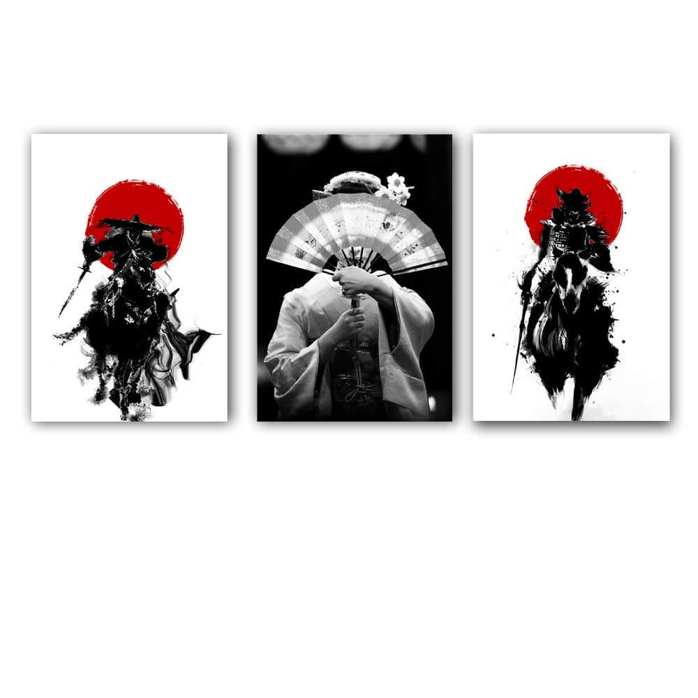 MM Art Black White Japanese Geisha with Folding Fan Painting Canvas Art Ancient Japan Samurai Red Sun Figure Painting Minimalist Nordic Wall Art Picture For Living Room Modern Home Decor (40x60c