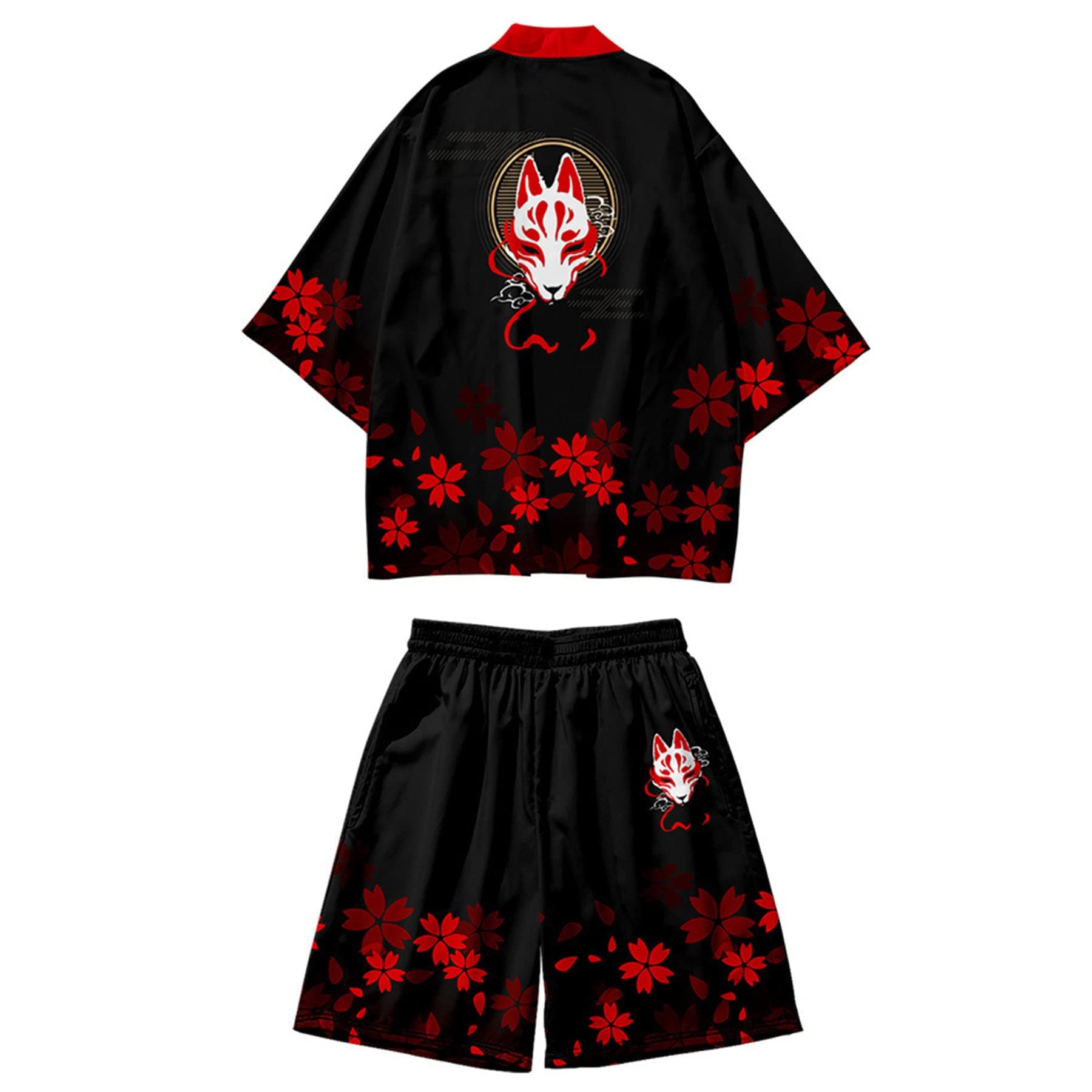 DOSLAVIDA Men's Japanese Kimono Cardigan Suit Chinese Style Printed Jacket Pants Set Open Front Seven Sleeve Top & Shorts