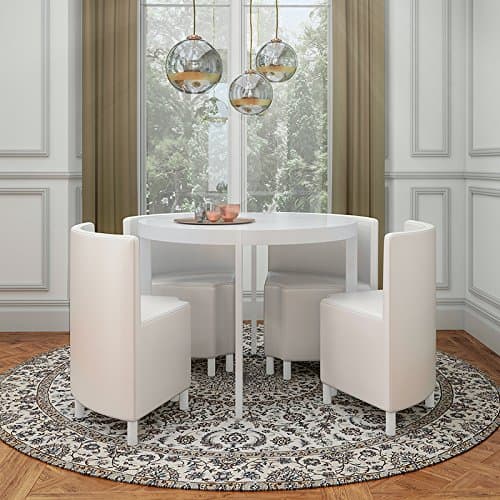 WHITE HIGH GLOSS ROUND DINING TABLE WITH PU WHITE LEATHER CHAIRS SPACESAVER STOWAWAY SET