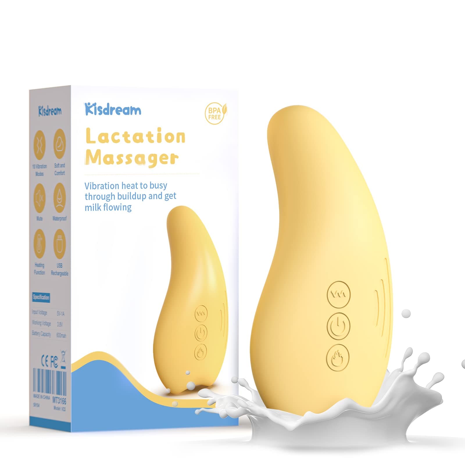 Kisdream Breast Massager Warming Lactation Compress Breastfeeding: Mastiti Clogged Duct Engorgement Relief - Vibrant & Warmer Waterproof Heating Milk Warmer Breastmilk Pals (Yellow)