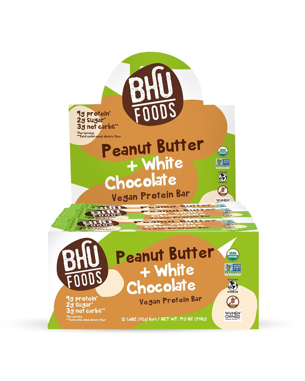 BHU FOODS Vegan Protein Bars, Peanut Butter White Chocolate, Organic Keto Snack - Low Carb & Low Sugar, Grain & Gluten free, Dairy-free & Non-GMO (12 Bars)