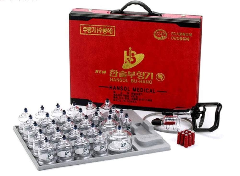 Hansol Professional Cupping Therapy Equipment 30 Cup Set with Pump Handle, Extension Tube & English Manual (Made in Korea)