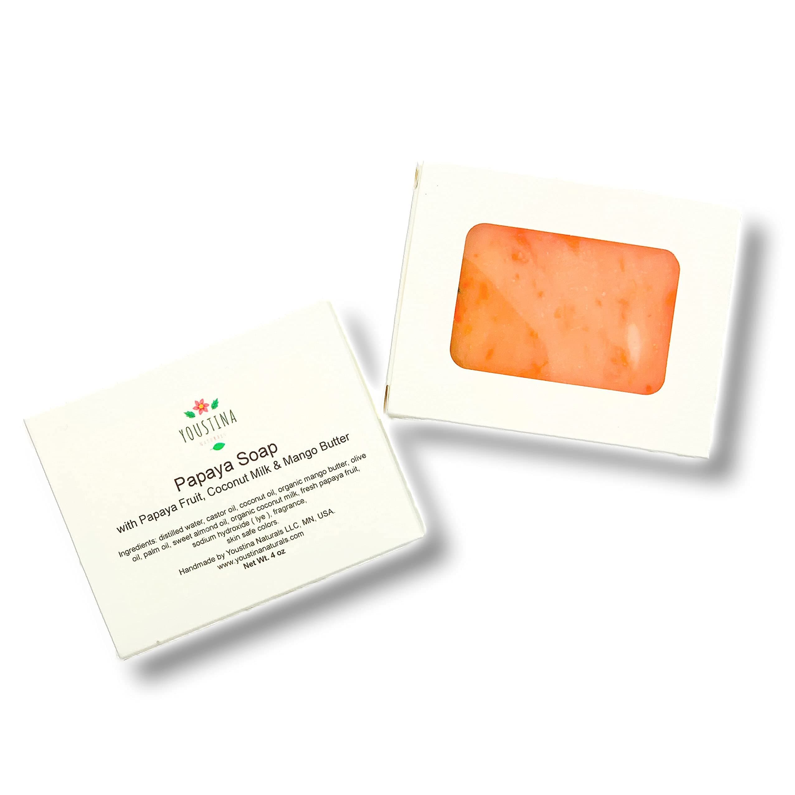 Natural Papaya Soap with Organic Coconut Milk, Mango Butter and Fresh Papaya Fruit 4 oz by Youstina Naturals (One Soap)