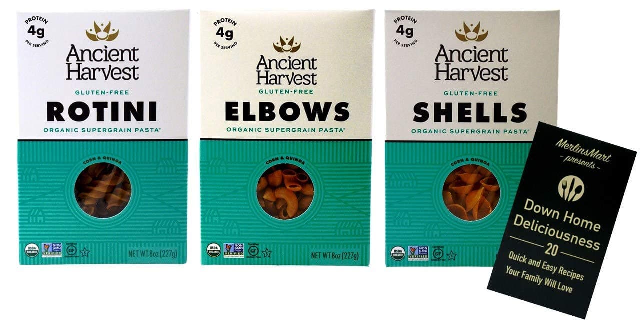 Ancient Harvest Organic Gluten-Free Corn Brown Rice Quinoa Pasta | 3 Shape Variety (1) each: Elbows, Shells, Rotini (8 Ounces) Plus Recipe Booklet Bundle