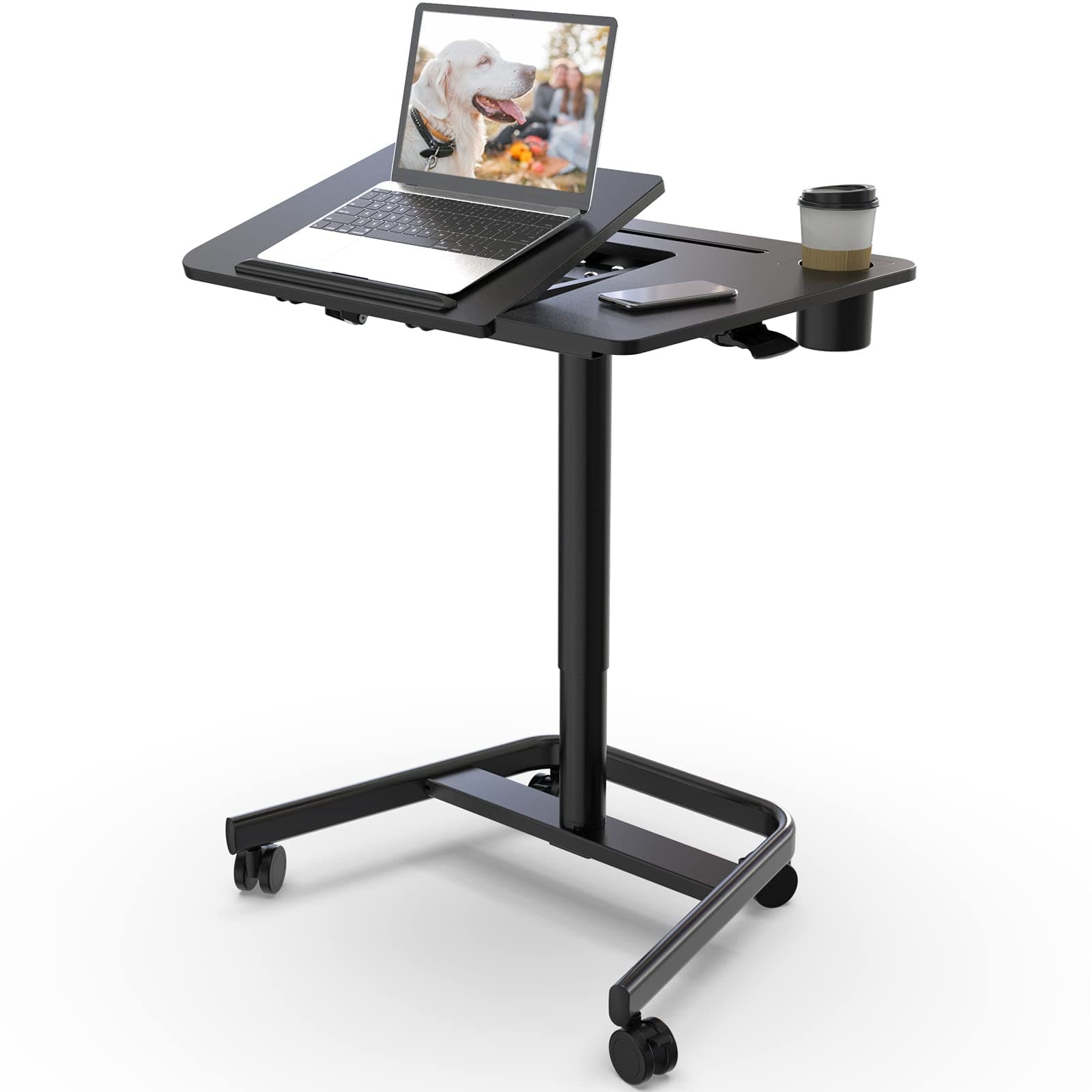 Mobile Standing Desk, Height Adjustable Table, 60° Tiltable Rolling Laptop Desk, Portable Sit Stand Desk with Wheels Cup Holder for Bed Couch Hospital, Holds Up to 22lbs, Black