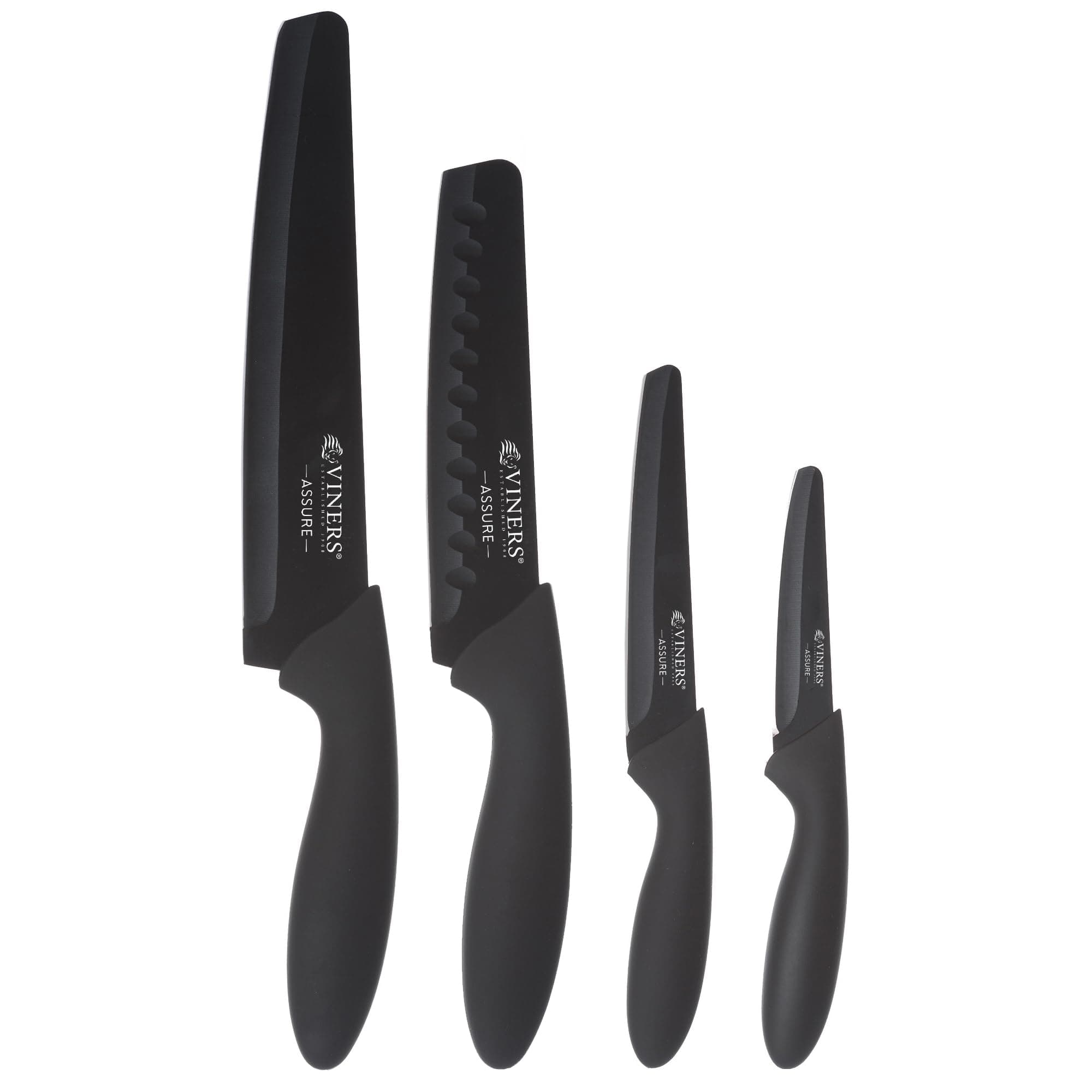 Assure 4 Piece Knife Set Stainless Steel Blades with Squared Tips for Safety, Soft Grip Handles, Non-Stick Coating, Rust-Resistant, Includes Chef’s, Santoku, Utility & Paring Knives