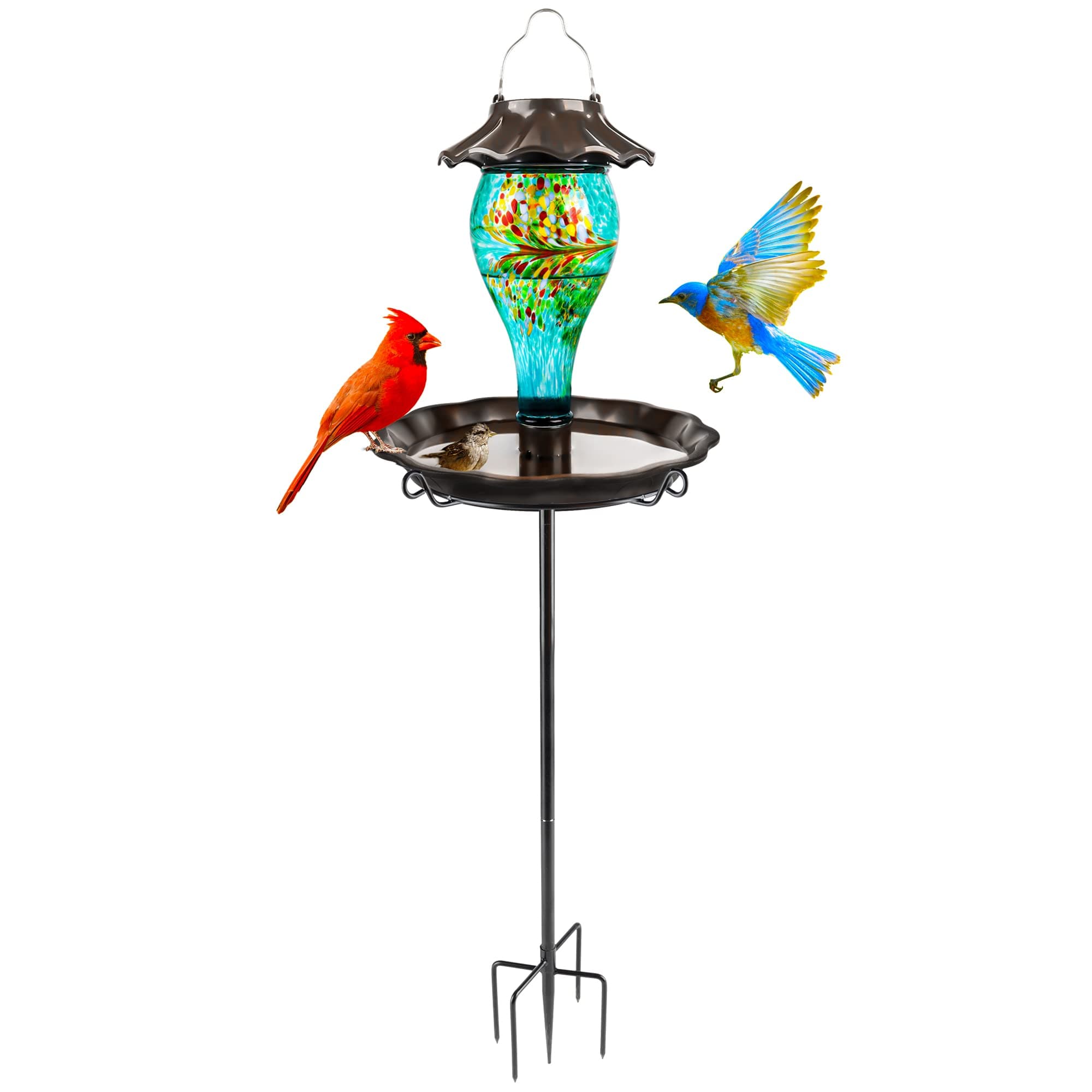 LUJII Solar Bird Bath with RGB Lights for Outdoors, 55fl.oz Hand Blown Glass for Auto-refilling, Sturdy Metal Stake with 5-Prong, Lighted Lantern for Garden Decor, Unique Gift for Bird Lovers (Teal)
