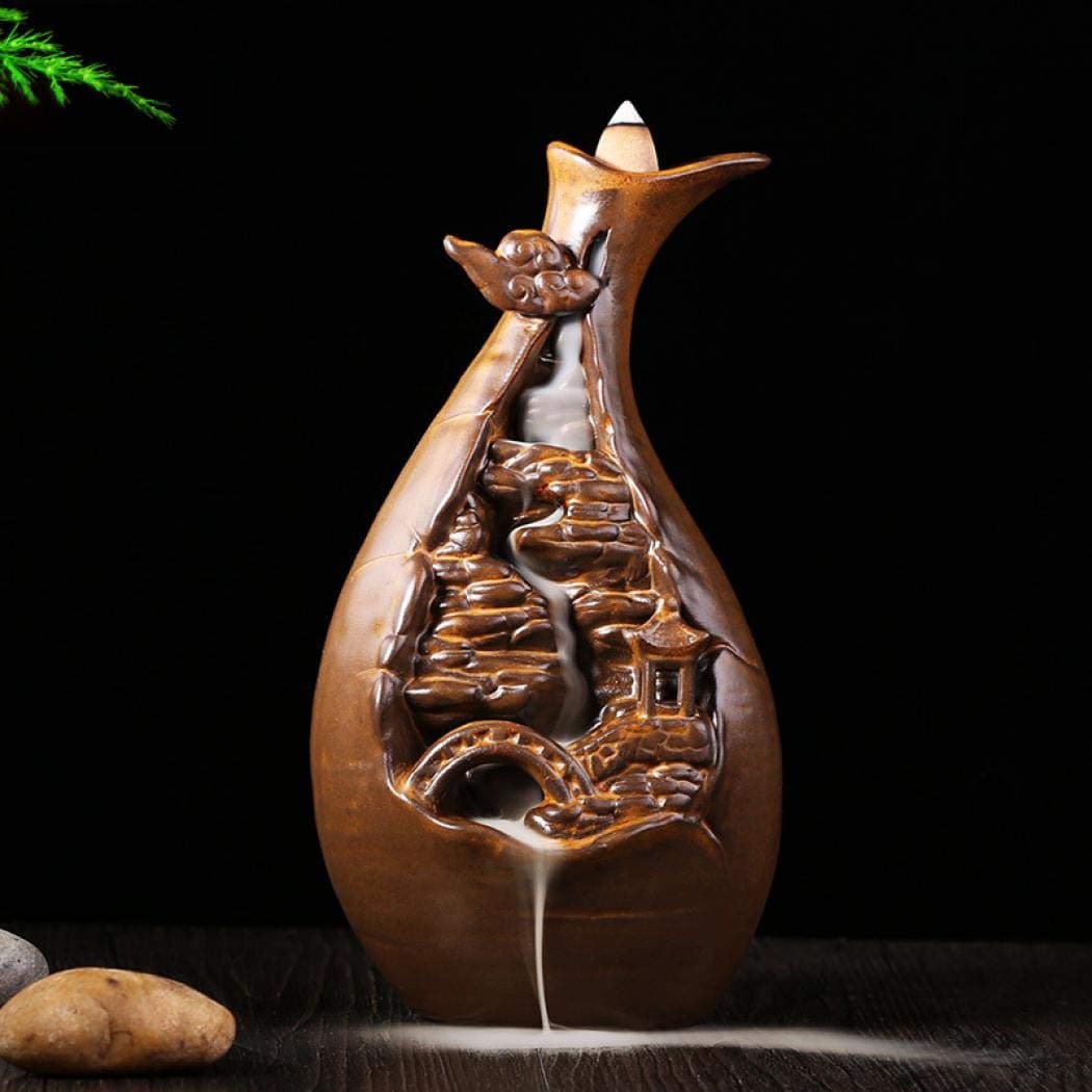 LEAFIS Dragon Incense Burner Ceramic Handcrafted Backflow Incense Burners for Office Home Decor, with 10PCS Incense Cones (Vase Brown)