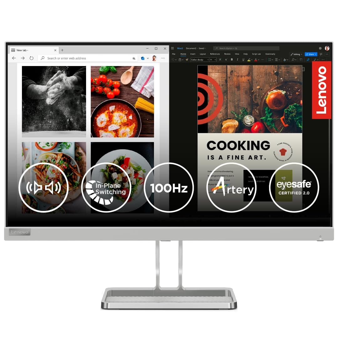 Lenovo L-Series 60.45cm (24 inch) | FHD IPS Ultraslim Monitor | 100Hz, 99% sRGB, HDMI, Tilt Stand, 2x3W Speakers, Smart Display Customization Artery, Home & Office Use, Grey, L24i-40