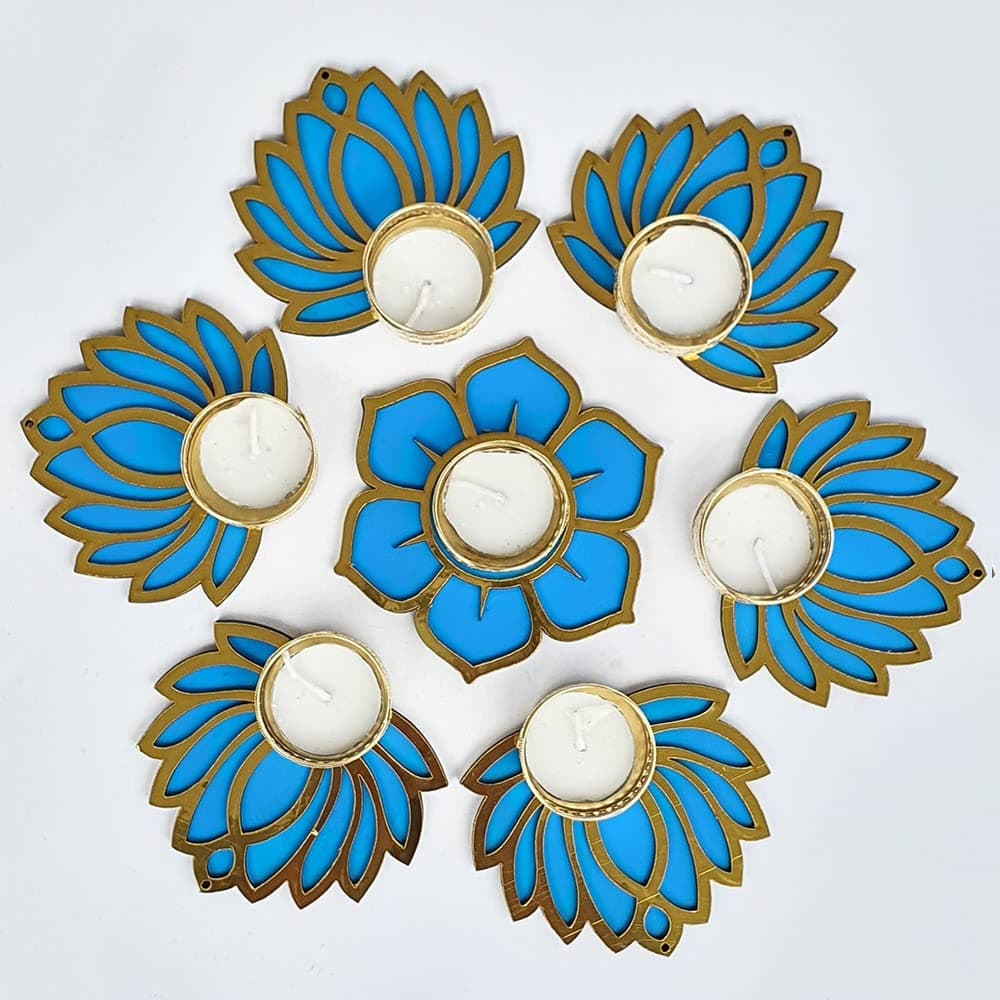 Handmade Blue Lotus with Flower Diya Rangoli Set of 7 Candles with Wax (4 Inch) | Deepak Diyas Home Temple Decorations for Diwali, Dusshera Wedding Pooja Festival New Year Gift