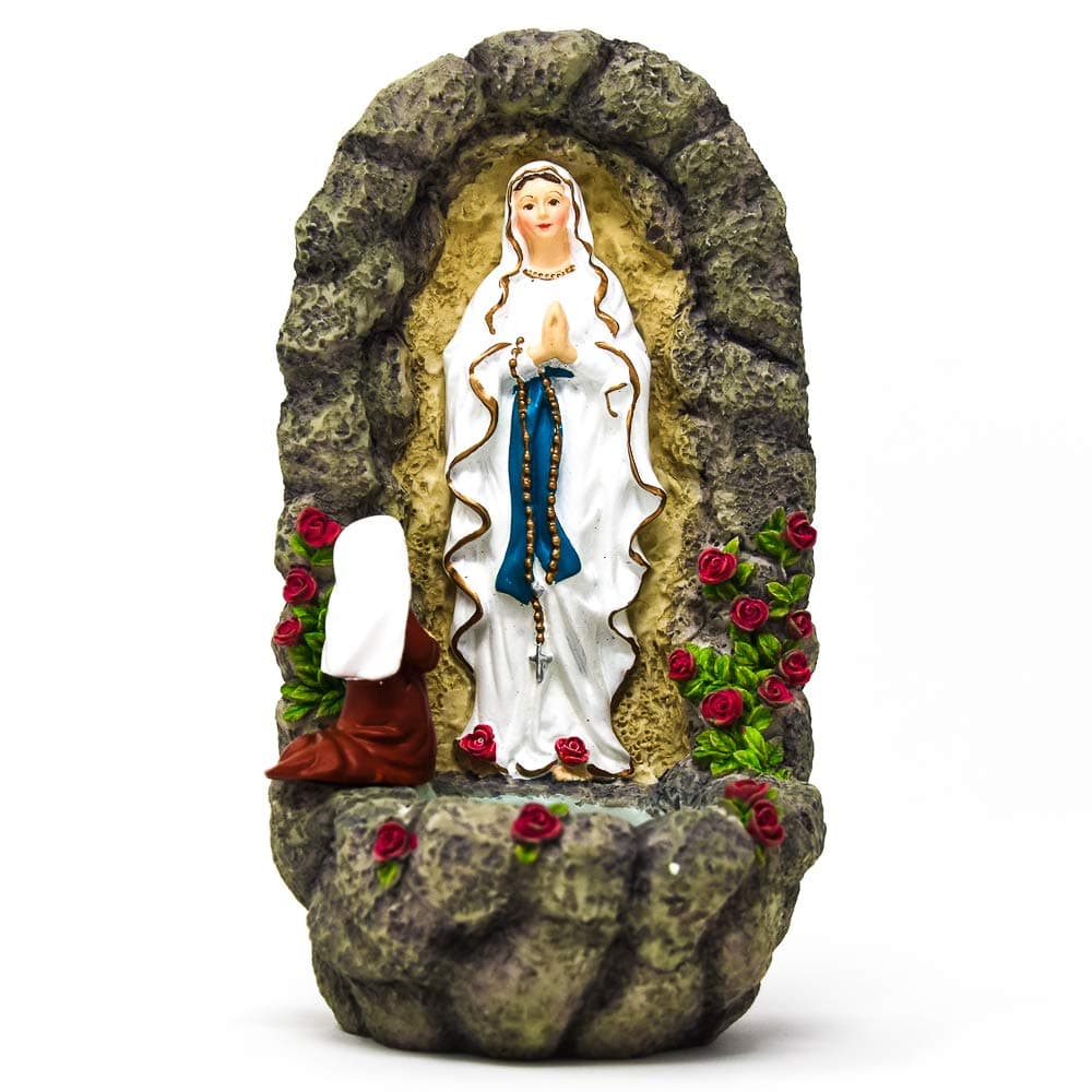 Catholic Gift Shop Ltd Lourdes Holy Water Font depicting the Lourdes Apparitions, with St Bernadette knealing to Our Lady of Lourdes (3035)