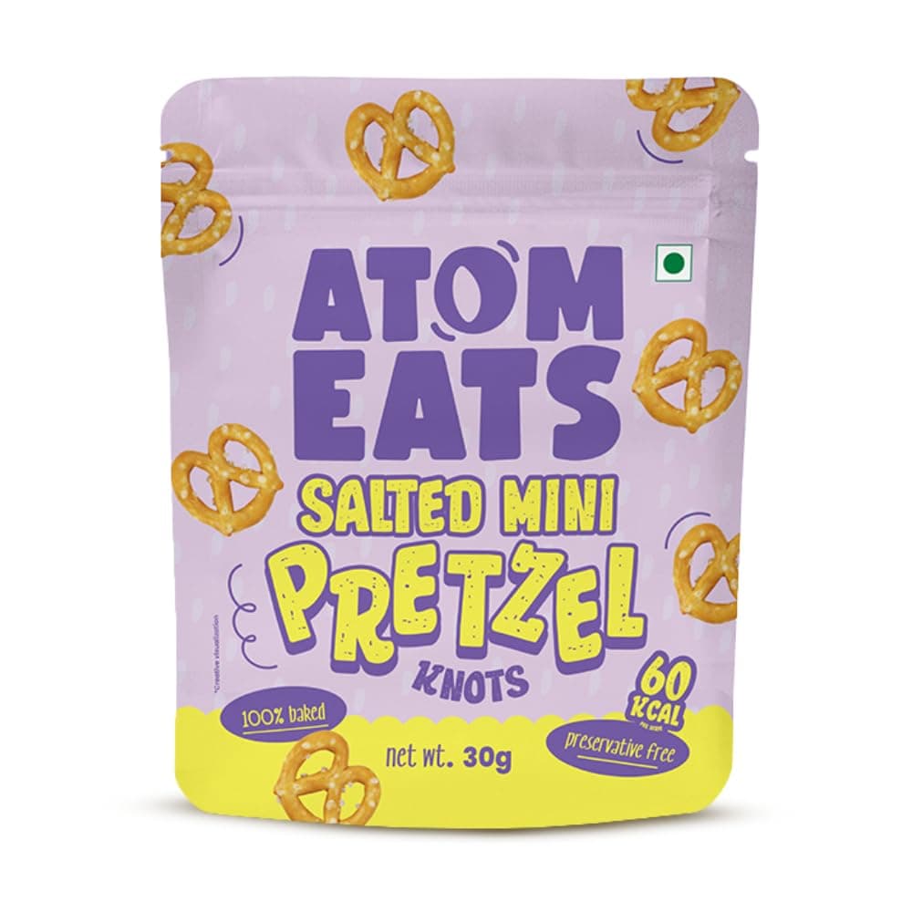 Atom Eats Salted Pretzel Mini Knots 30g | 100% Baked | Savory Snacks, Crunchy Namkeen - Perfect for Snack Box, Parties, On-the-Go Versatile Food Items - Great for Dipping, Solo Snacking