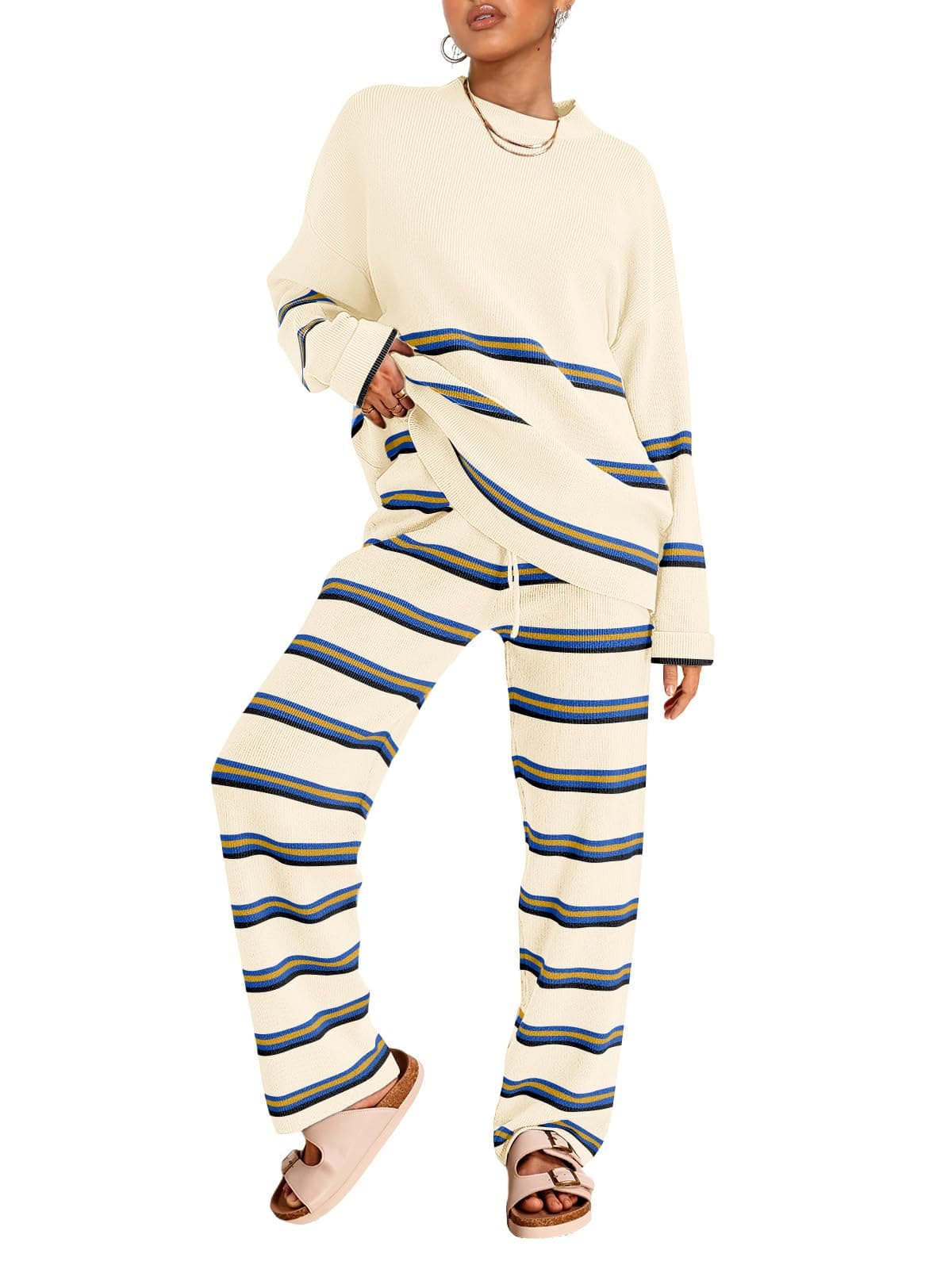 2 Piece Sets for Women 2025 Fall Outfits Two Piece Lounge Sets Sweatsuits Striped Knit Sweater Clothes Fashion