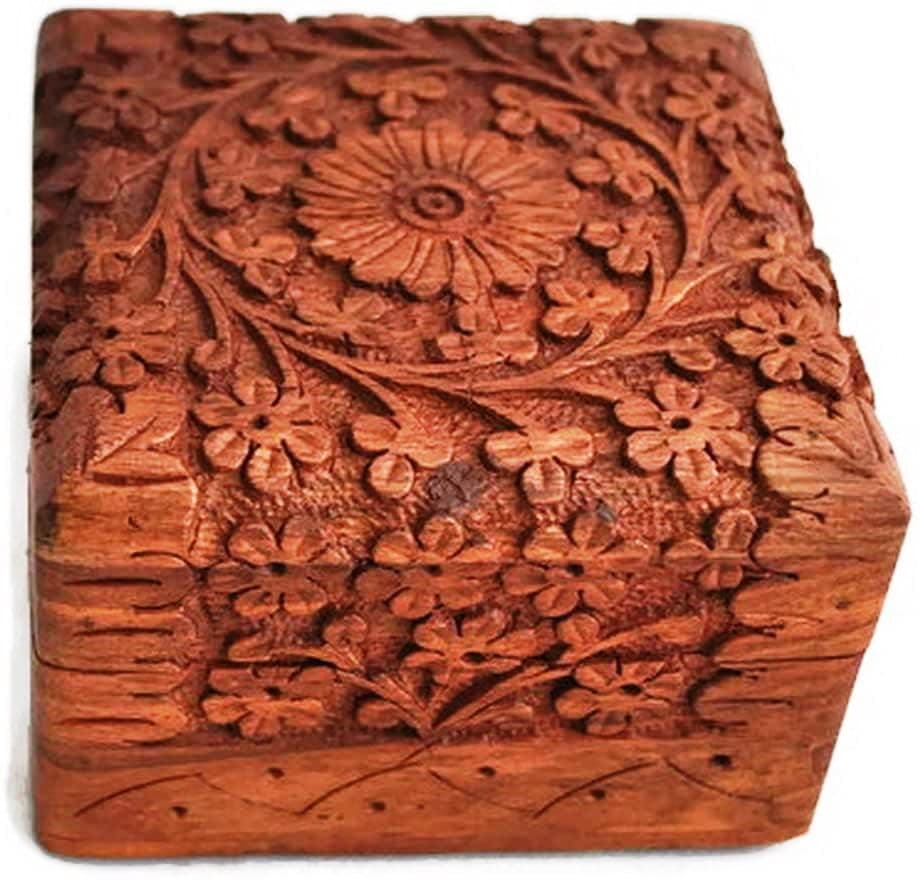 TOSQP27 Gift Jewelry Box Rosewood Hand-Carved Novelty Unique Trinket Case – 4-Inch Wooden Travel Jewel Organizer with Brass Inlay Velvet – Keepsake Birthday Anniversary Gift for Women, Girls, Mom