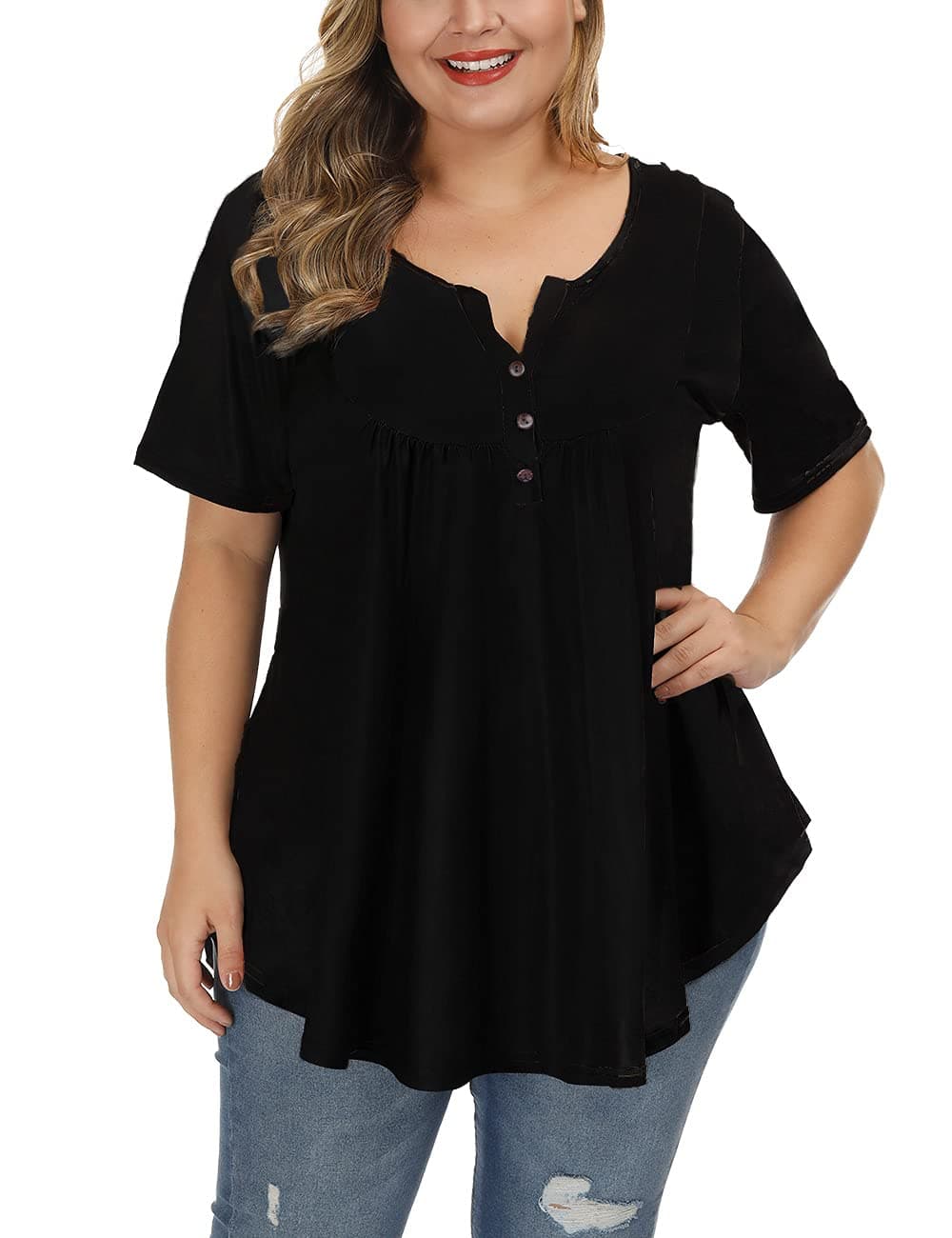 ALLEGRACE Women's Plus Size Floral Blouses Henley V Neck Button Up Tunic Tops Ruffle Flowy Short Sleeve T Shirts