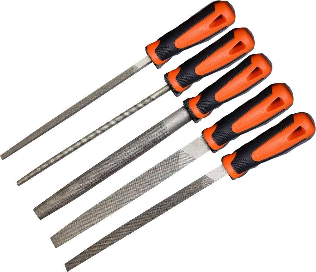 Edward Tools Harden Pro 8” File Set - 5 Piece Set Includes Wood, Round, Half Round, Triangular, Flat Smooth Files - T12 Steel