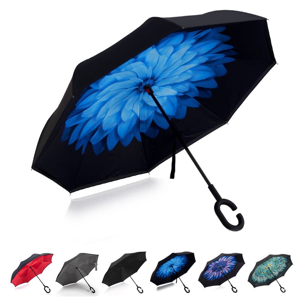 TOOGE Umbrella Inverted/Reversible, Long Windproof Umbrella Double Layer Inside-Out Self-Standing for Women and Men with Carring Bag