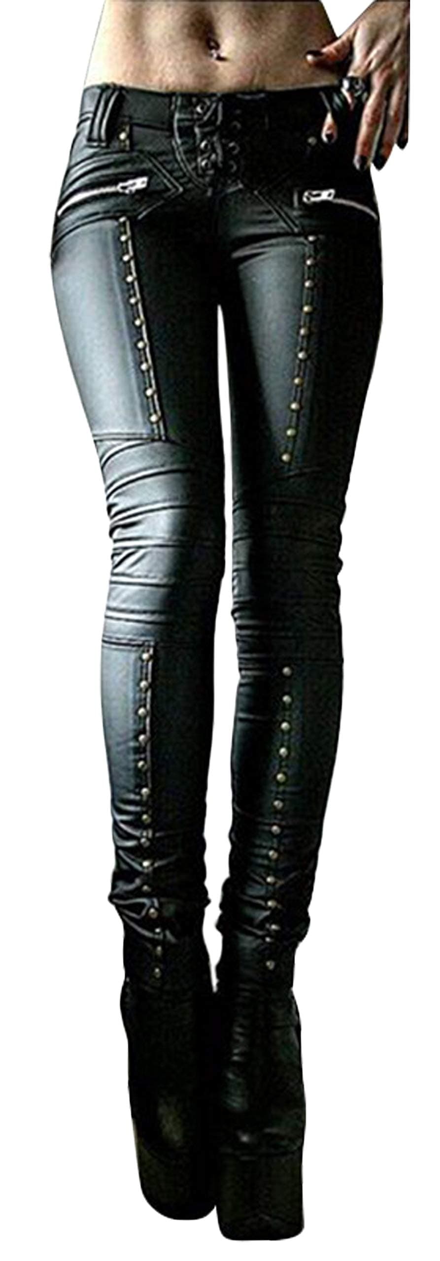 Lotsyle Faux Leather Metal Lace Side Leggings Medium Waist Stretch Pants