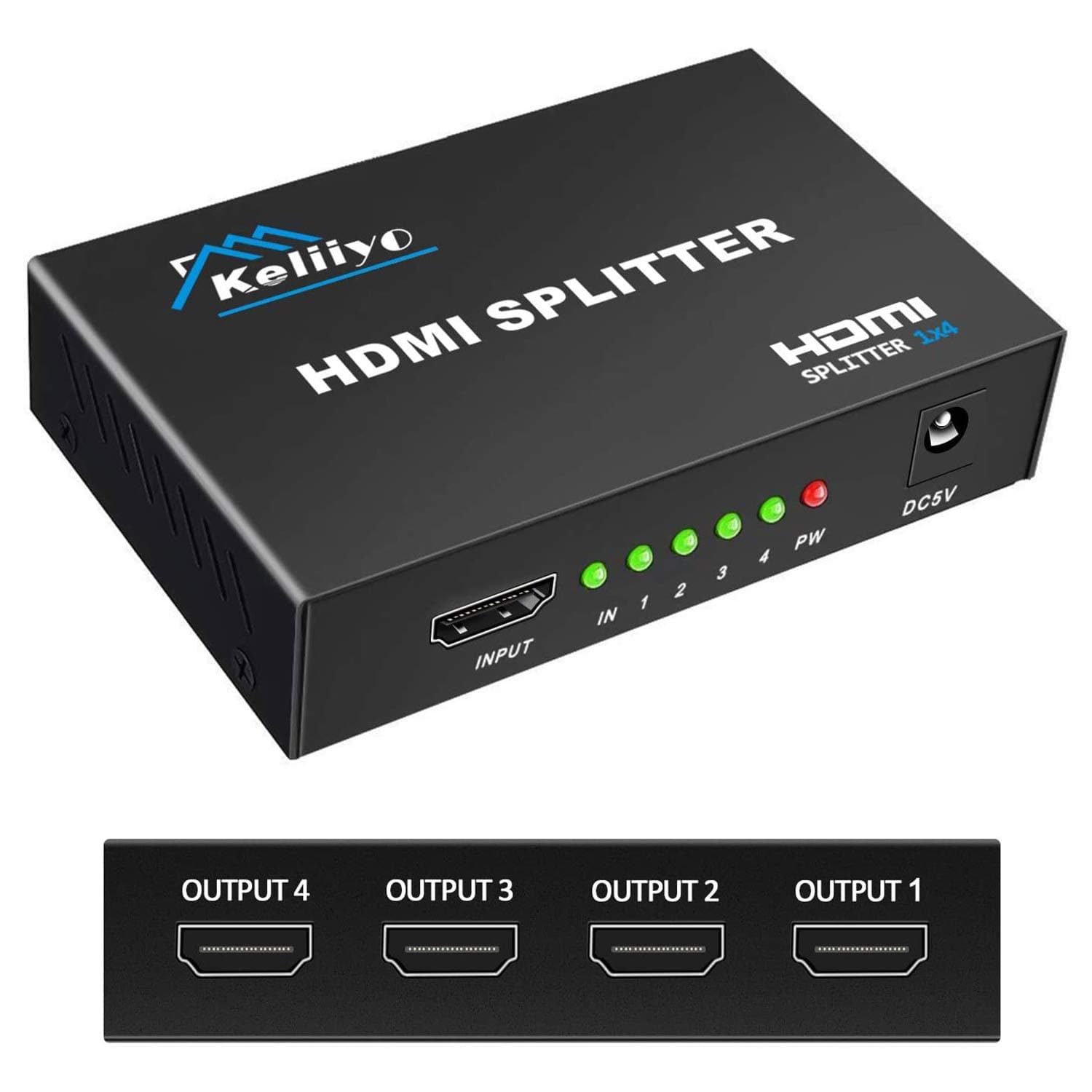 HDMI Splitter Keliiyo 1X4 Ports Powered V1.4b Video Converter with Full Ultra HD 1080P 4K/2K and 3D Resolutions (1 Input to 4 Outputs)