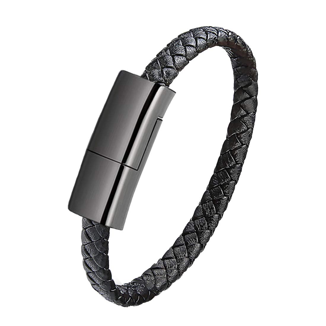 GVUSMILUSB Leather Charging Braided Bracelets for iPhone, Hematite Metal and Black Leather