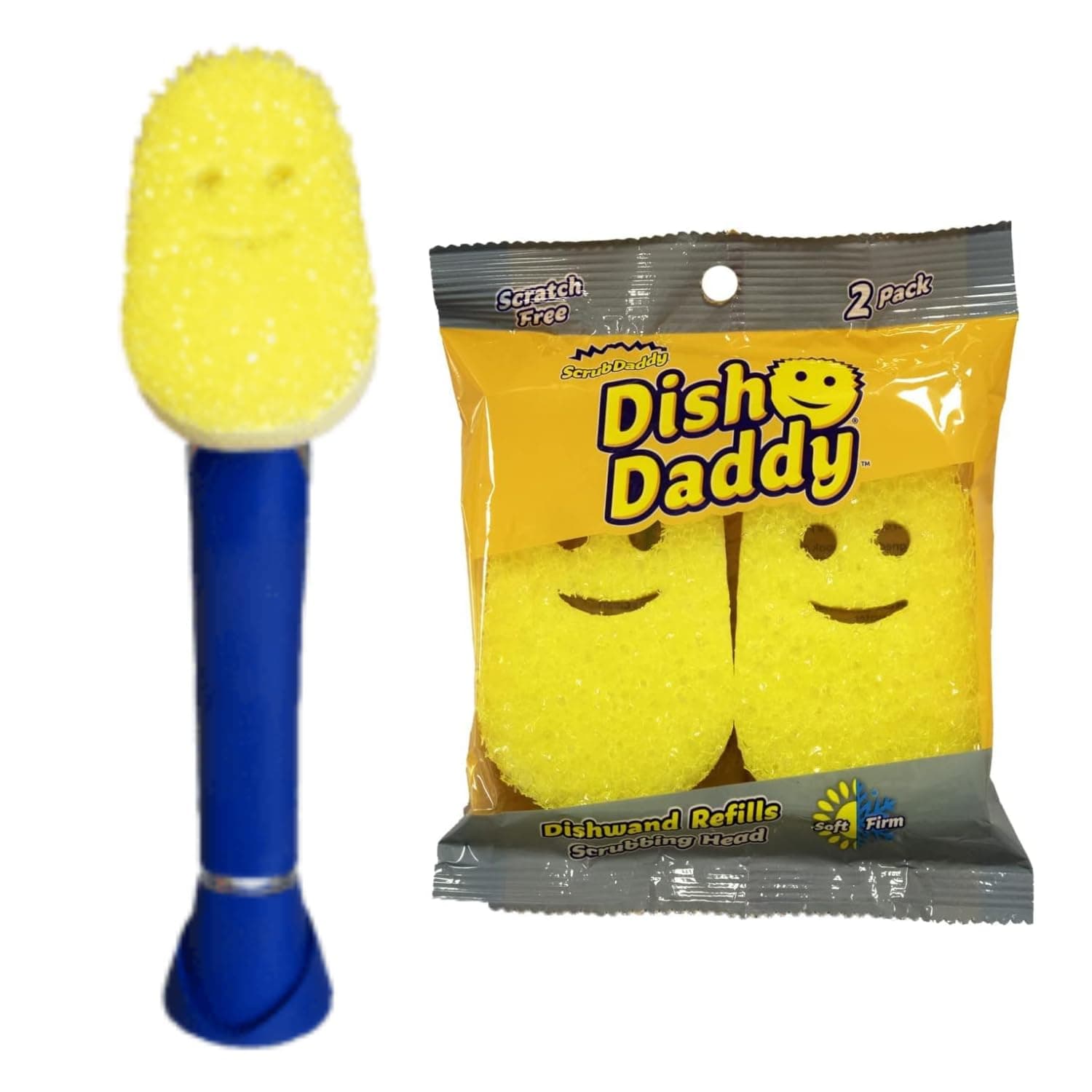 Dish Daddy Dish Wand & Refill Heads, Soap Dispensing Dish Brush, Texture Changing Washing Up Sponge With Liquid Handle, Dish Sponge with Built-in Scraper & Scrubbing Head, Drip stand, Blue
