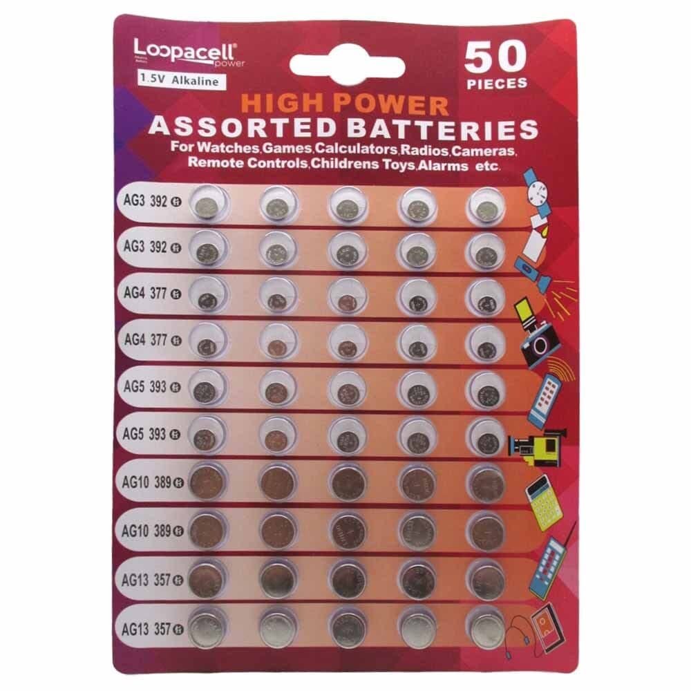 High Power Super Alkaline Button Cell Assorted 1.5V Battery AG3/LR41 AG4/LR626 AG5/LR754 AG10/LR1130 AG13/LR44,50 Count (Pack of 1)