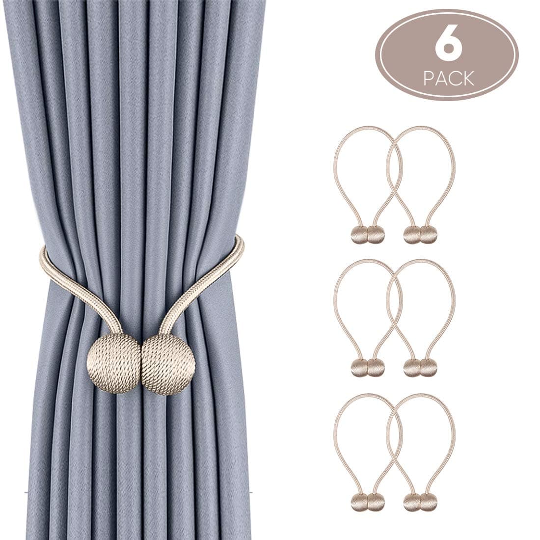 Magnetic Curtain Tiebacks 6 Pack 3 Pair-Magnetic Curtain Straps,Home Curtain Buckle Strong Magnetic Curtain Buckle Curtain Clips Rope Straps Indoor Office Window Curtain Bracket Decoration