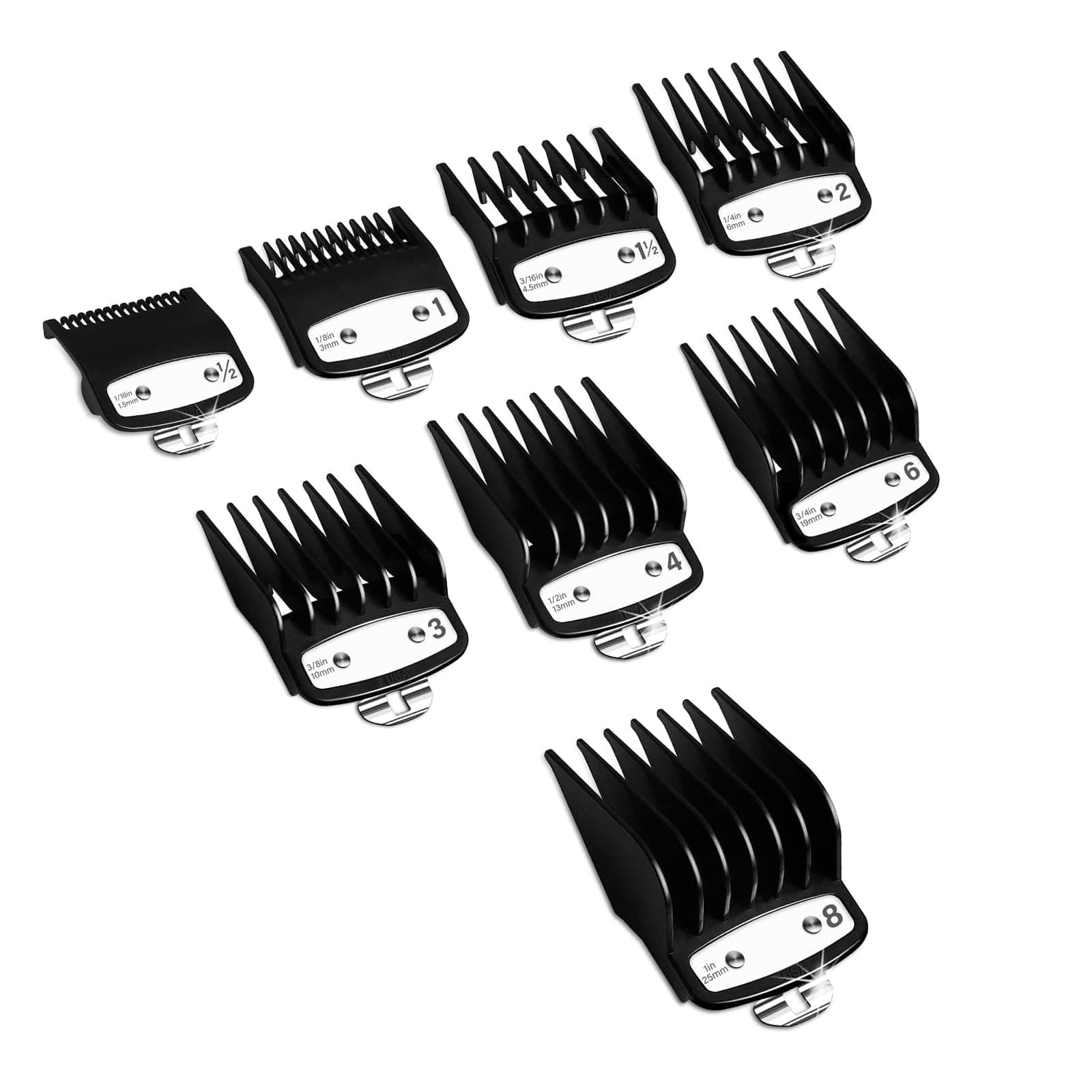 KASTWAVE Professional Hair Clippers Guards Guide Attachments Combs, Hair Clipper Cutting Guides/Combs with Metal Clip from 1/16 Inch to 1 Inch, Compatible with Most Hair Clippers Trimmer(Pack of 8)