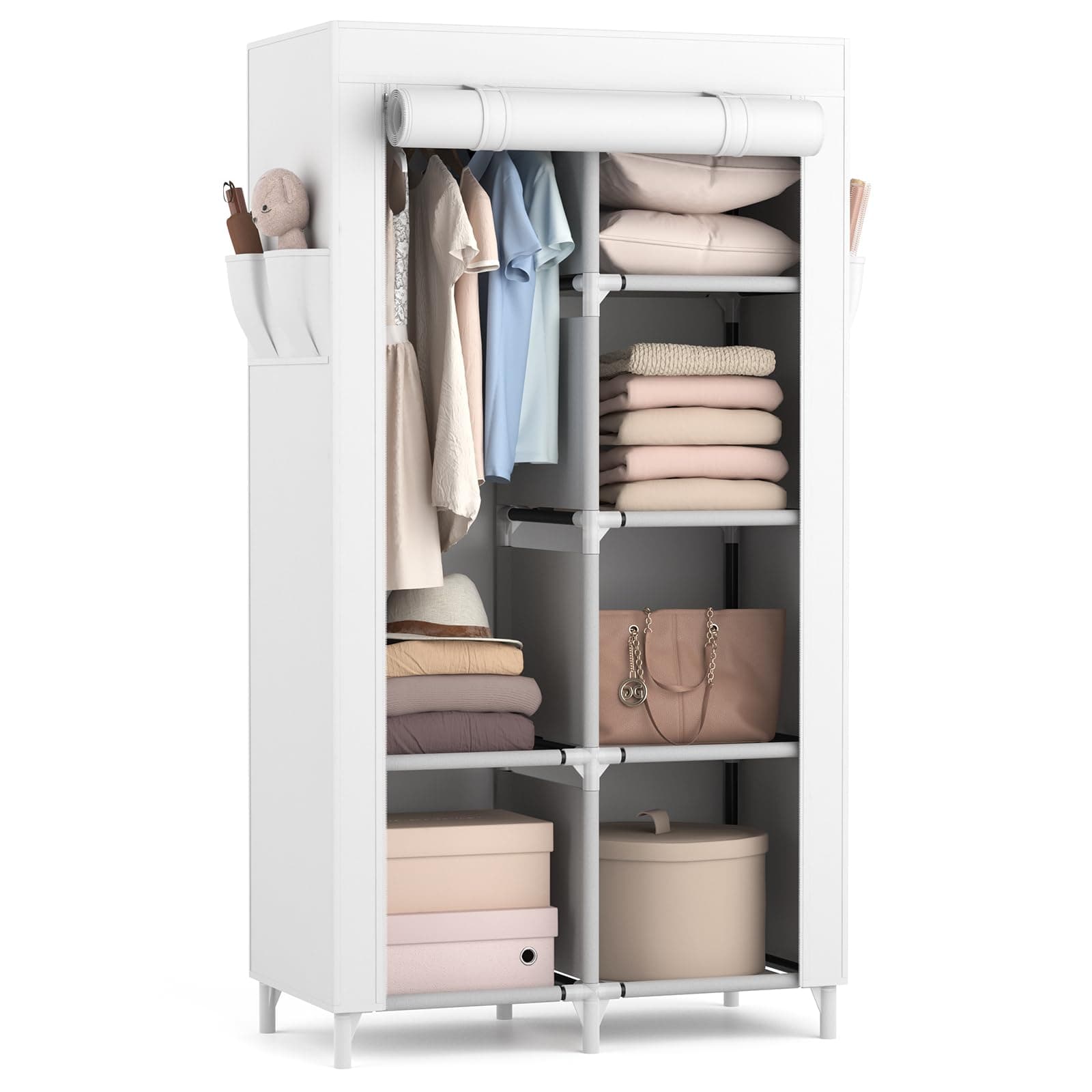 ROJASOPPortable Closet Wardrobe Closet for Hanging Clothes with 6 Storage Shelves, 1 Hanging Rod and 4 Pockets, Clothes Organizer and Storage Wardrobe Free Standing Closet for Bedroom, White