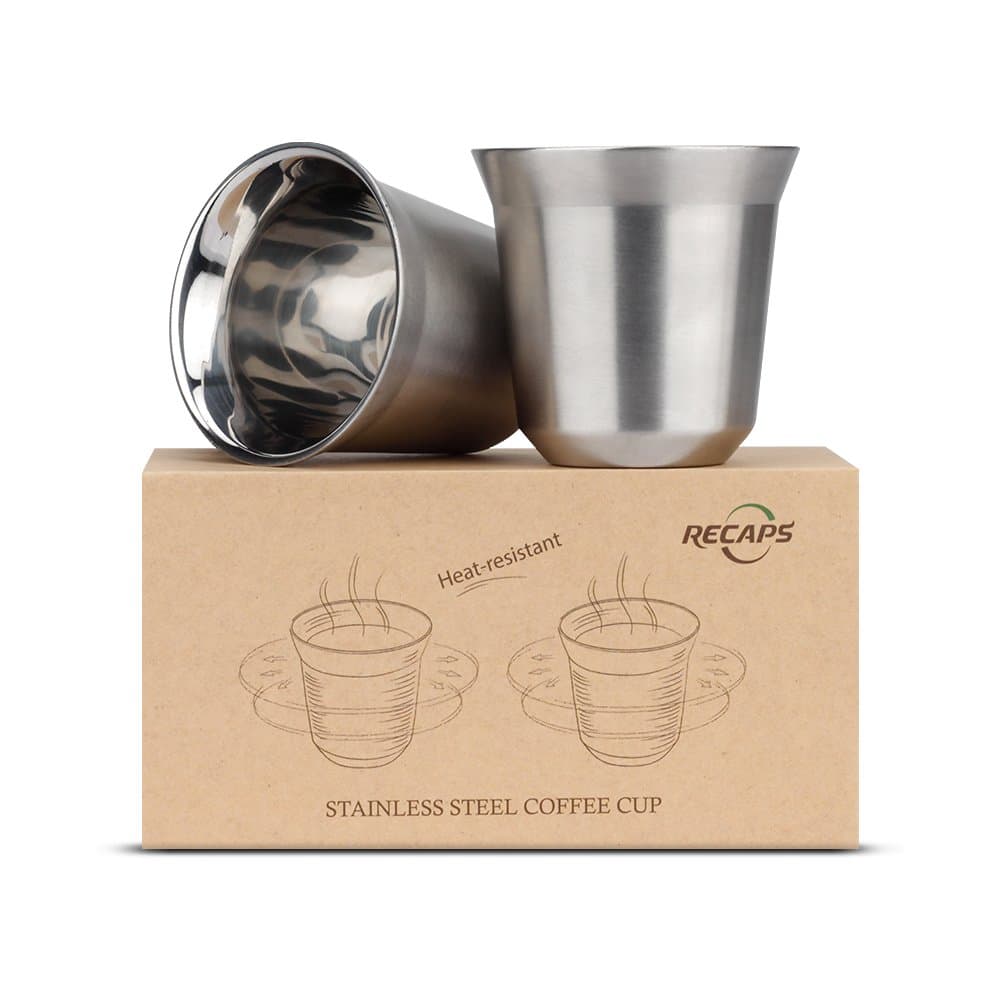 80ml Stainless Steel Espresso Cups Set - 2 Pack Double Wall Stainless Steel Espresso Cup By RECAPS 2.7oz