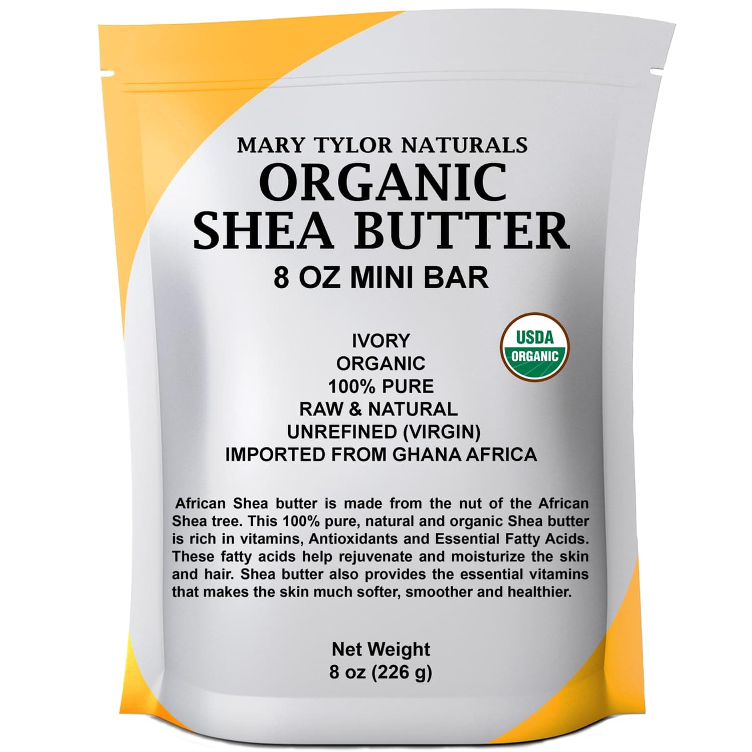 Organic Shea butter 8 oz — USDA Certified Raw, Unrefined, Ivory From Ghana Africa — Great for Hair, Skin Nails and DIY projects