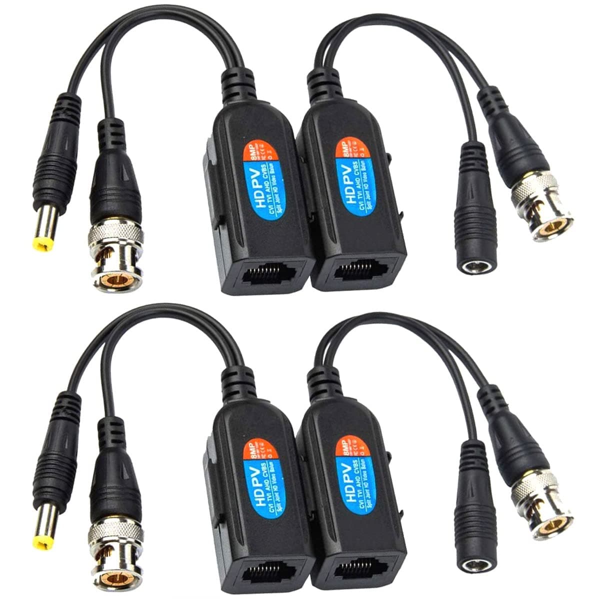 Greluma Balun HD Cat5 RJ45 to BNC Video Baluns Transceiver Passive with Power Connection for 1080P 3MP 4MP 5MP 8MP HD-CVI/TVI/AHD/CVBS / 960H Camera Pack of 4