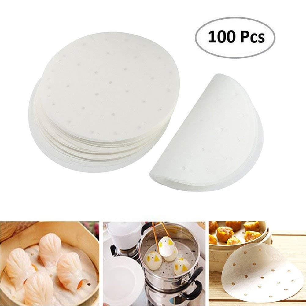 Air Fryer Liners Bamboo Steamer Paper 100pcs Perforated Parchment Steaming Papers Non-stick Steamer Mat for Cake Pans Circle