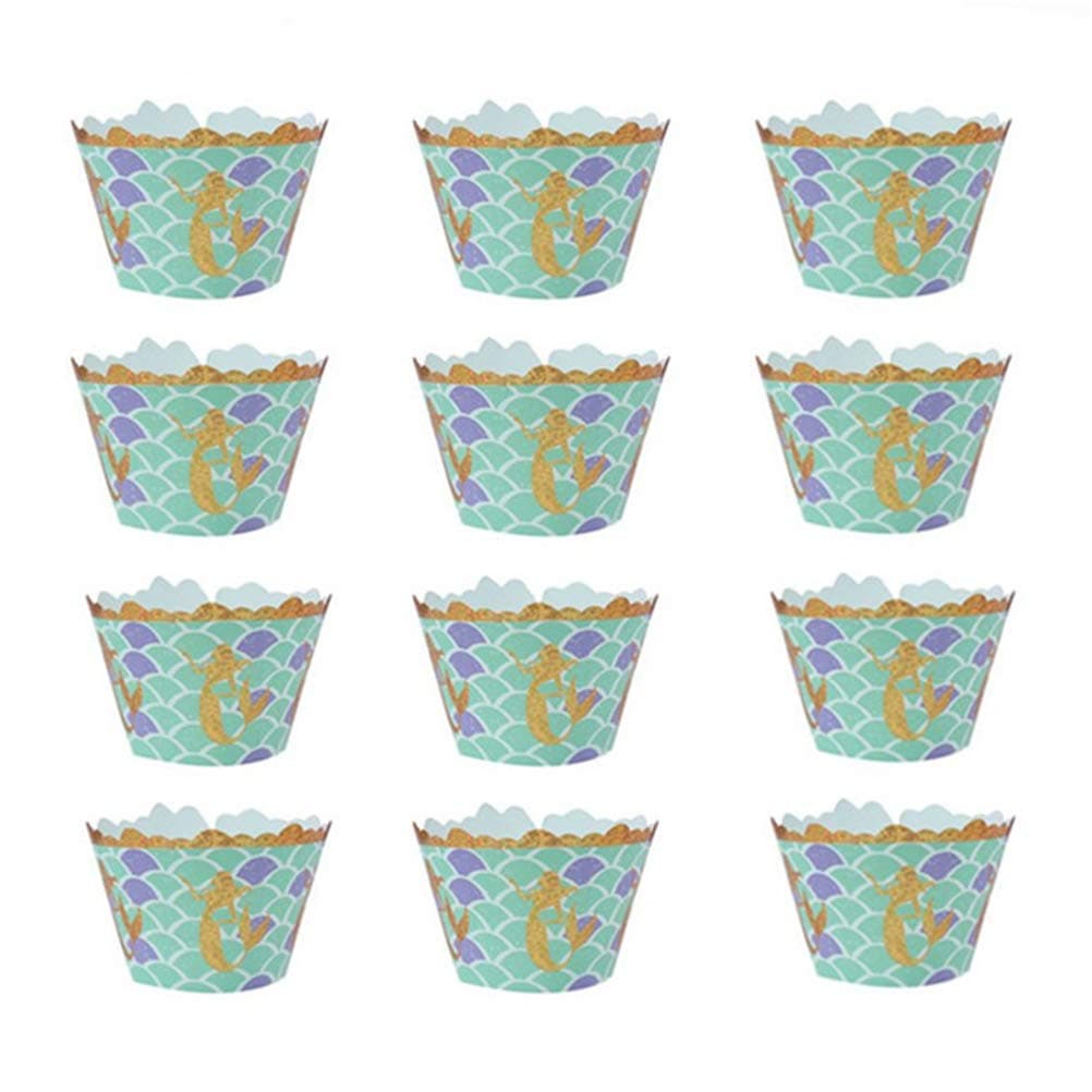 Acewen 12pcs Mermaid Cupcake Wrappers for Baby Shower Birthday Wedding Party Cake Decoration Mermaid Theme Party Supplies Favors Decoratin