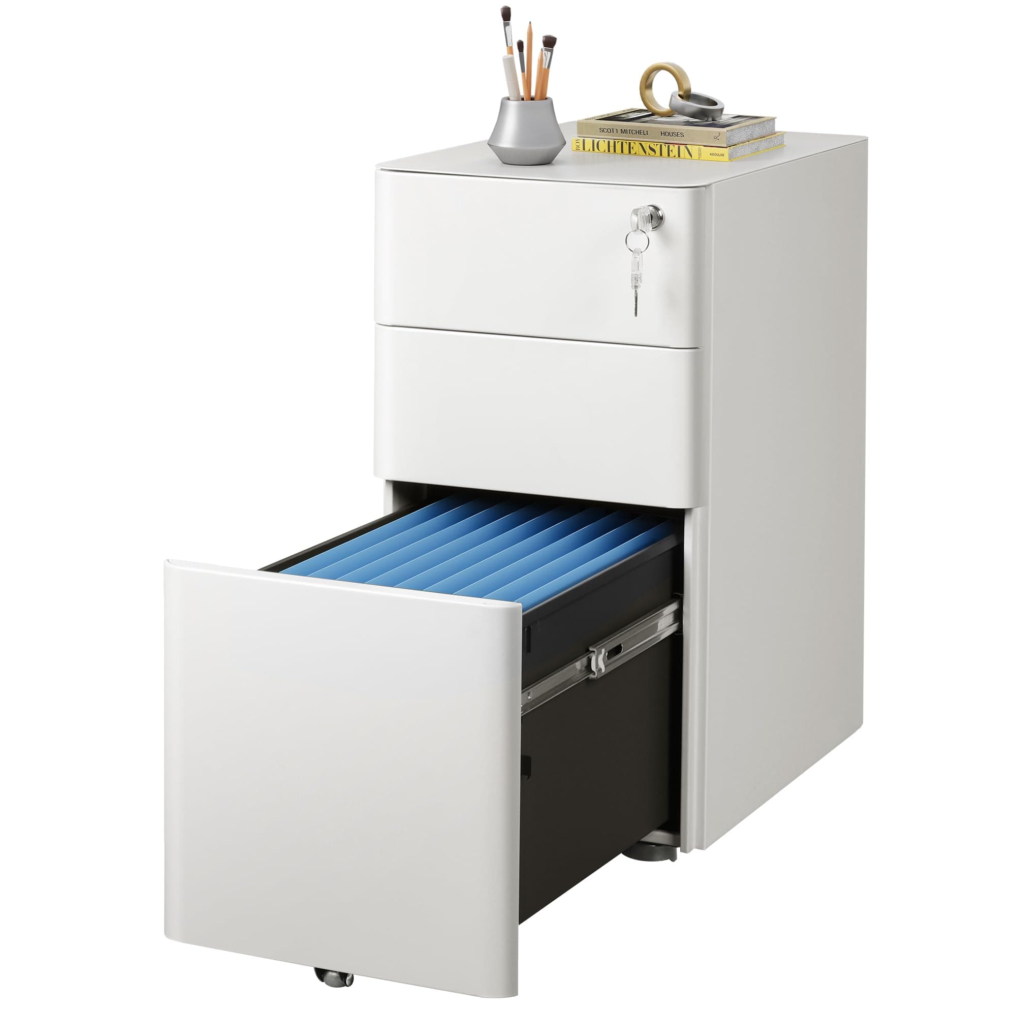 3 Drawer File Cabinet, Slim Metal Filing Cabinet with Lock, Under Desk Storage Cabinet for Letters/Legal/A4, Fully Assembled Except Casters - White