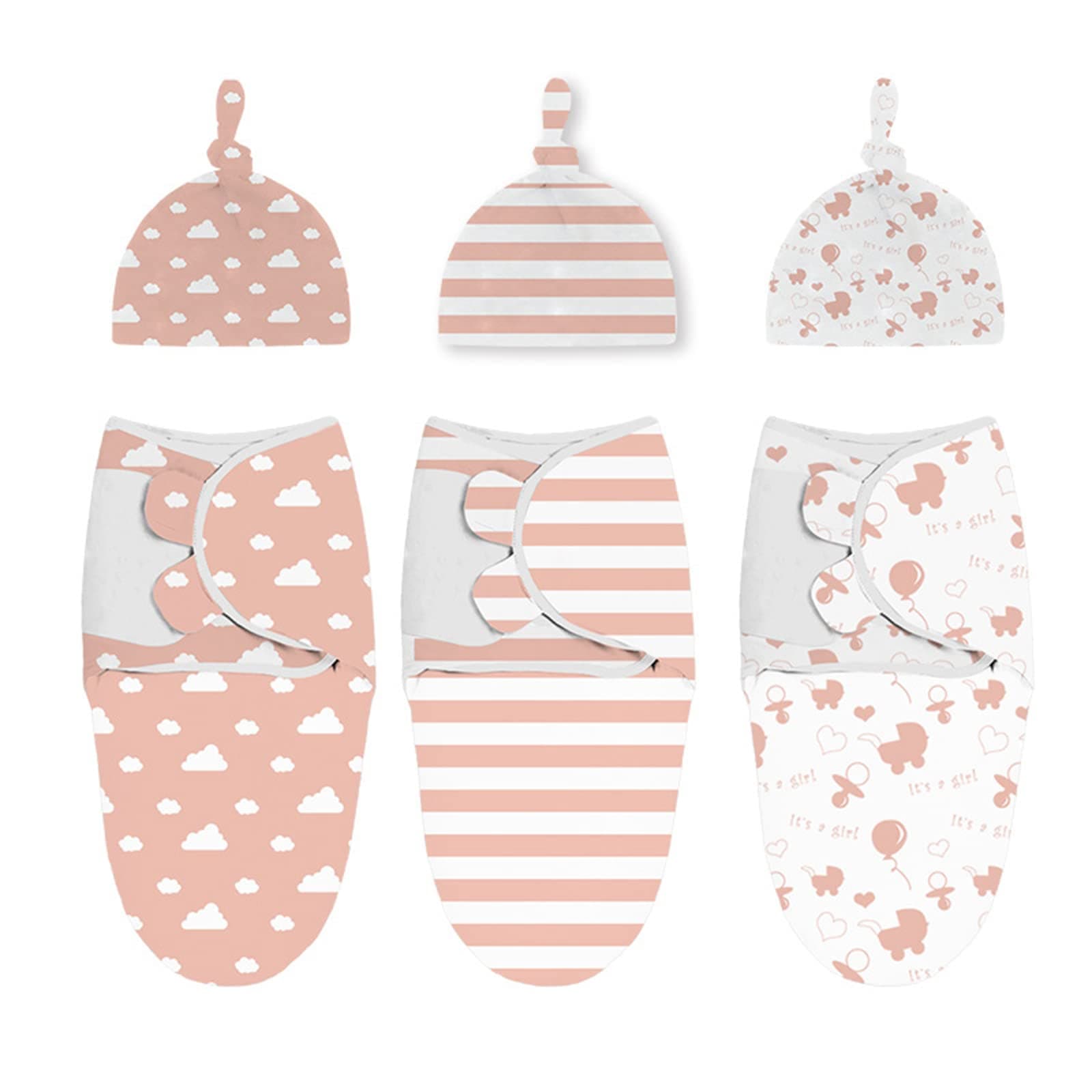 Baby Swaddle Wrap, 3 Pack 73x56cm Newborn Swaddle Blanket Wrap with Hats, 0-3 Months 100% Breathable Cotton Swaddlers Sleep Sack with Adjustable Wings for Baby Girls