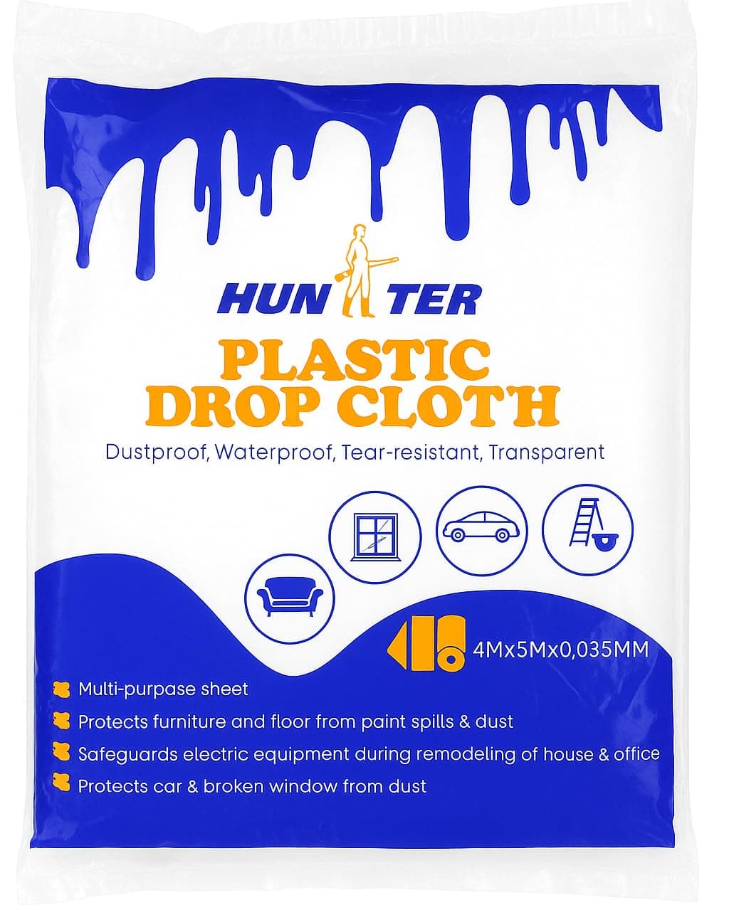 HUNTER Plastic Polythene Multi-Purpose Dust Sheet, Waterproof and Dustproof Plastic Tarp for Protection of Furniture, Automobiles, Floors, Carpet, Packaging etc. (500G x 5mtrs)