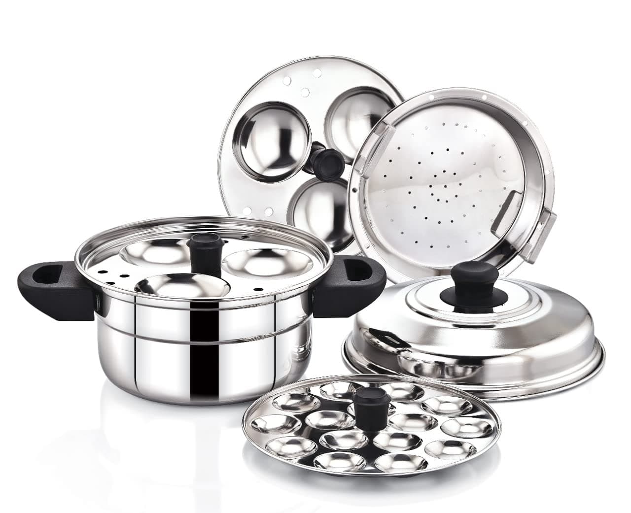 Stainless Steel Idly Maker Cooker Compatible with Induction and Gas Stove (2 Idli Plates/6 Idlis, 1 Mini Idli Plate/15 Mini Idlis and 1 Multi-Purpose momos Steamer/Idiyappam Steamer Plate